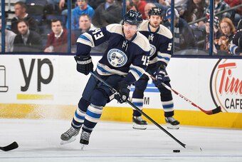 COLUMBUS, OH - APRIL 2:   Scott Hartnell #43 of the Columbus Blue Jackets skates against the New York Islanders on April 2, 2015 at Nationwide Arena in Columbus, Ohio. Columbus defeated New York 4-3 in a shootout. (Photo by Jamie Sabau/NHLI via Getty Imag