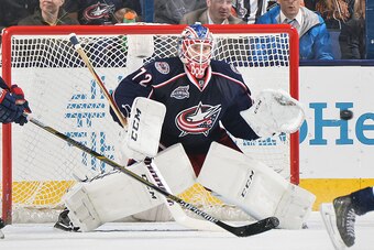 COLUMBUS, OH - APRIL 8:   Goaltender Sergei Bobrovsky #72 of the Columbus Blue Jackets defends the net against the Toronto Maple Leafs on April 8, 2015 at Nationwide Arena in Columbus, Ohio.  (Photo by Jamie Sabau/NHLI via Getty Images)