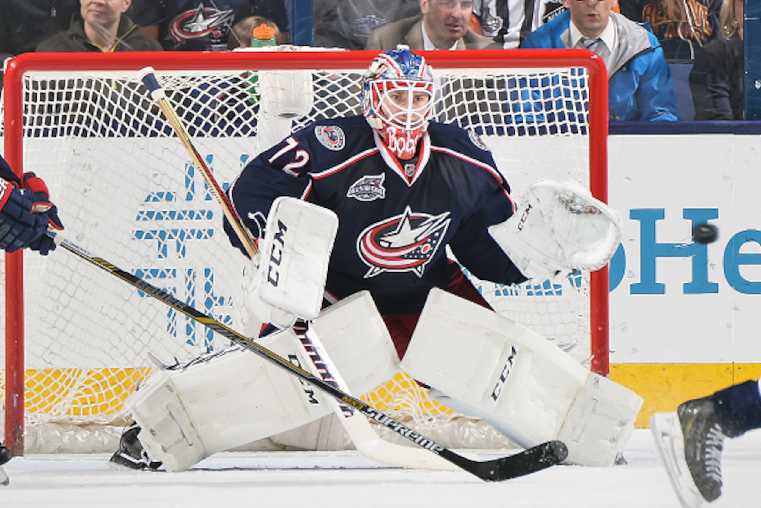 COLUMBUS, OH - APRIL 8:   Goaltender Sergei Bobrovsky #72 of the Columbus Blue Jackets defends the net against the Toronto Maple Leafs on April 8, 2015 at Nationwide Arena in Columbus, Ohio.  (Photo by Jamie Sabau/NHLI via Getty Images)