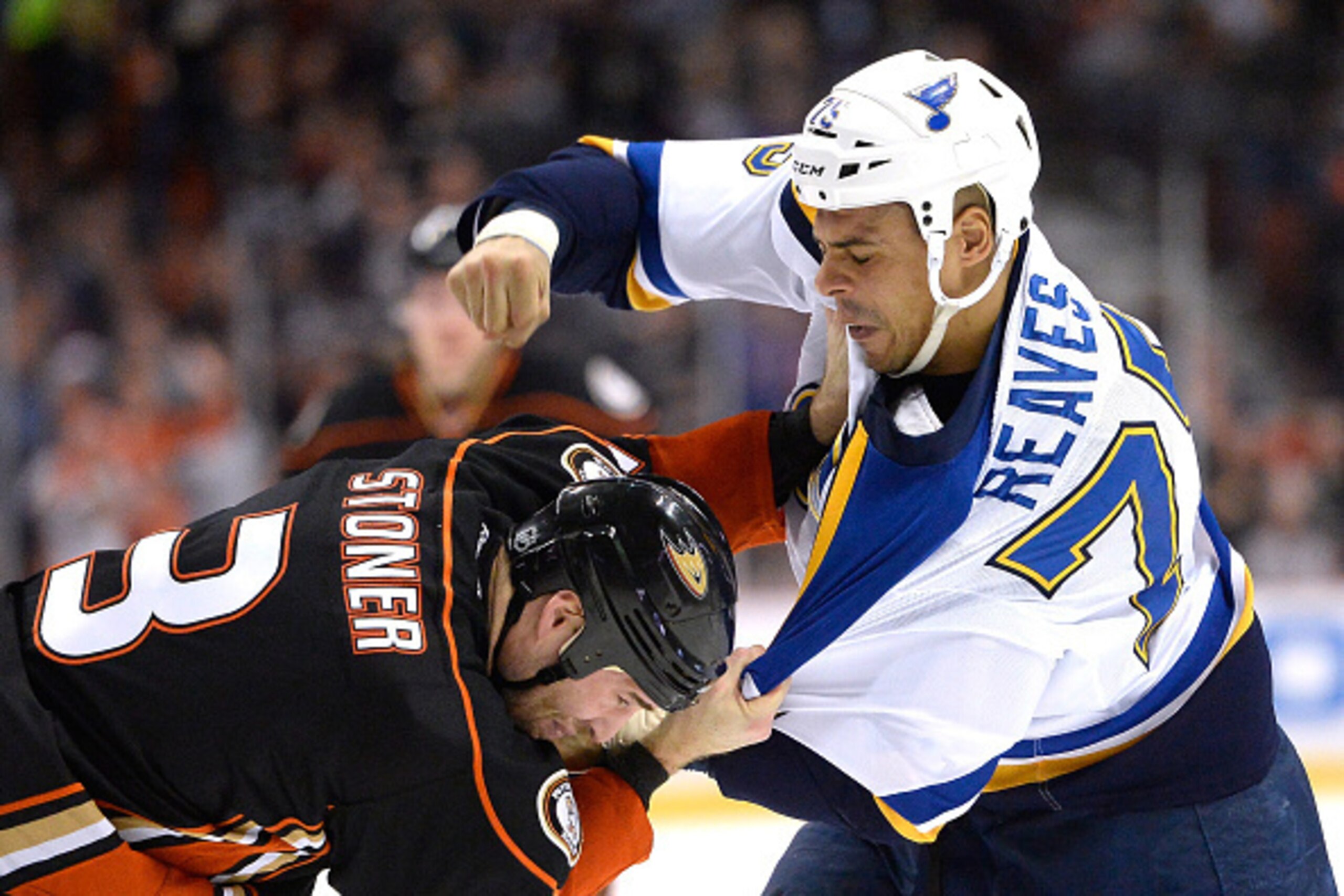 ANAHEIM, CA - JANUARY 02:  Ryan Reaves #75 of the St. Louis Blues fights Clayton Stoner #3 of the Anaheim Ducks to the ice during the first period at Honda Center on January 2, 2015 in Anaheim, California.  (Photo by Harry How/Getty Images)