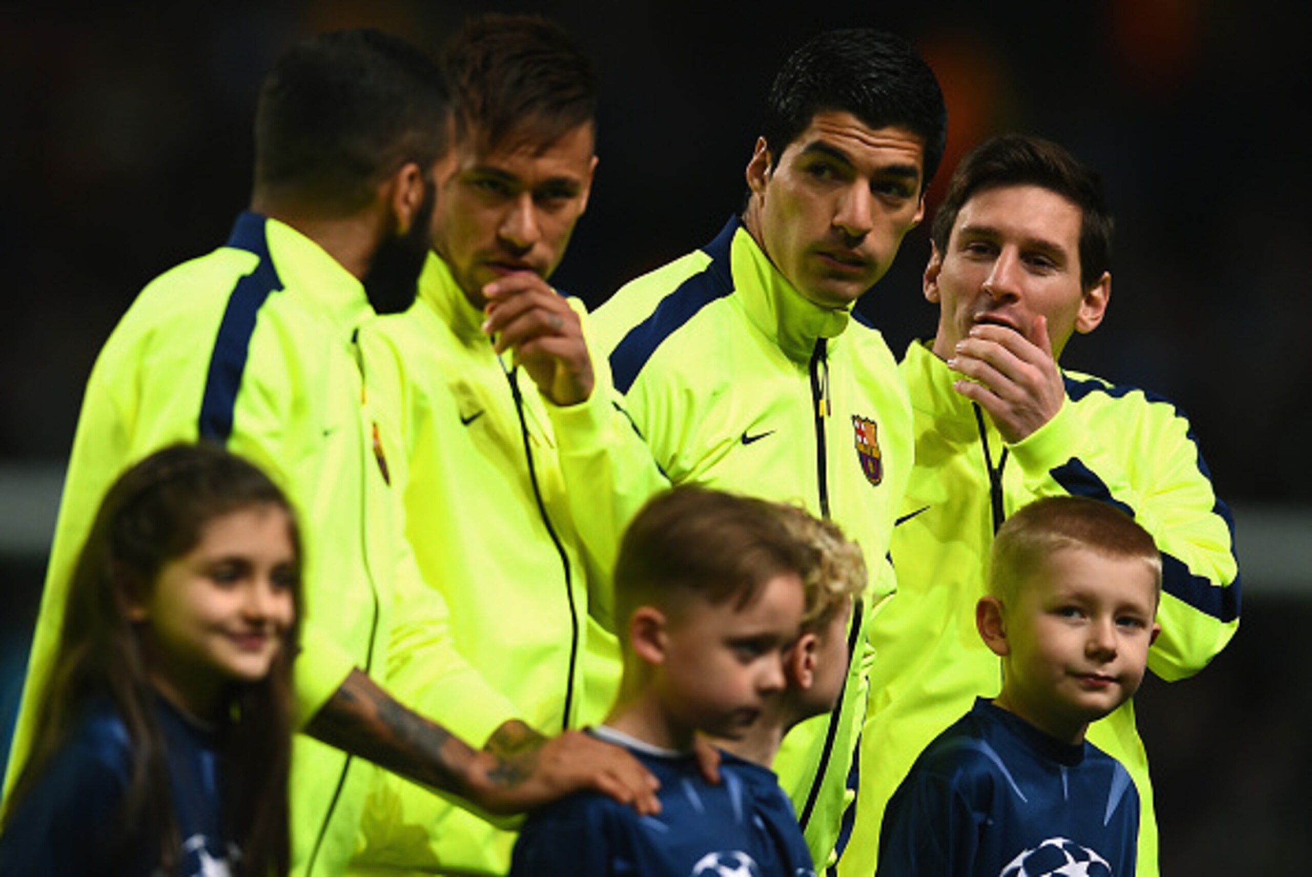 MANCHESTER, ENGLAND - FEBRUARY 24: (L-R) Lionel Messi, Luis Suarez and Neymar of Barcelona  line up during the UEFA Champions League Round of 16 match between Manchester City and Barcelona at Etihad Stadium on February 24, 2015 in Manchester, United Kingd