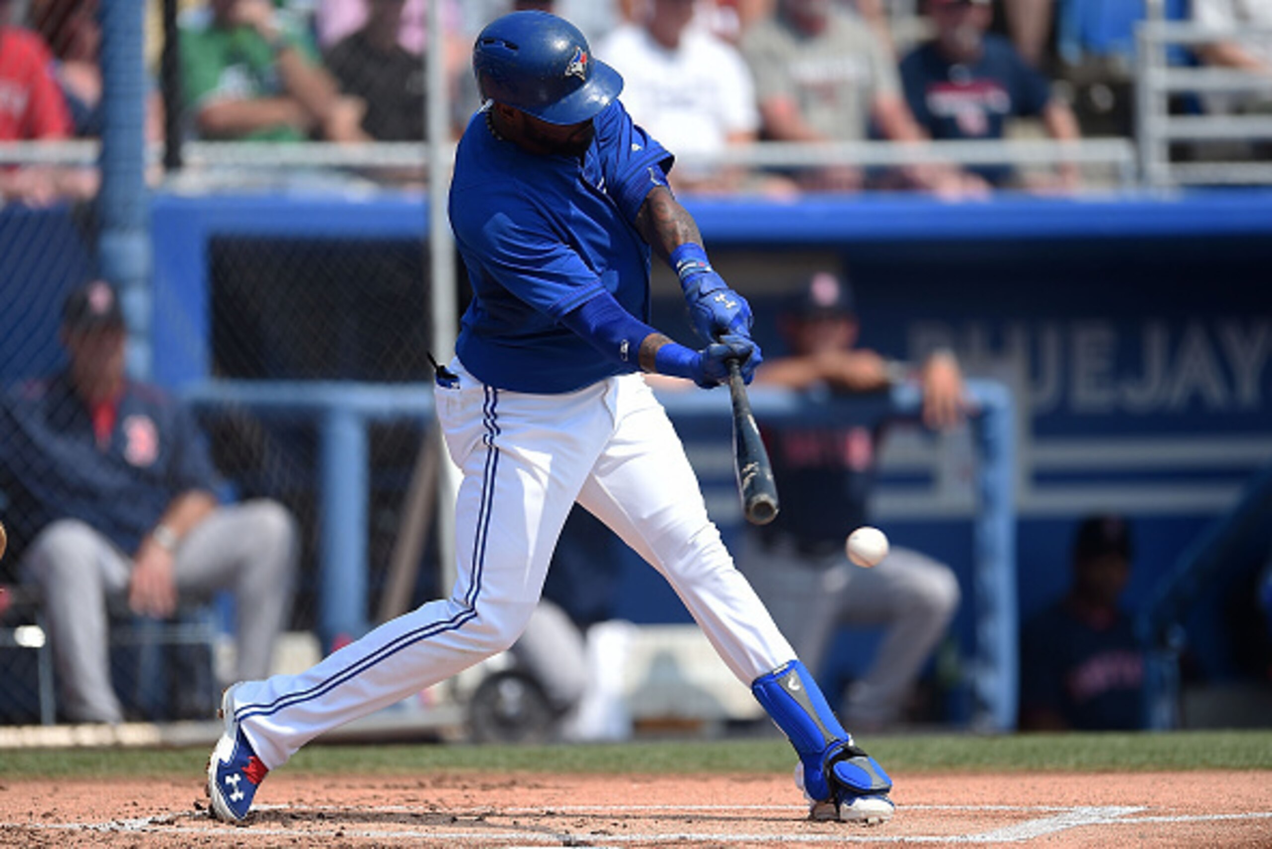 DUNEDIN, FL - MARCH 19:  Jose Reyes #7 of the Toronto Blue Jays swings at a pitch during the first inning of a spring training game against the Boston Red Sox at Florida Auto Exchange Stadium on March 19, 2015 in Dunedin, Florida.  (Photo by Stacy Revere/