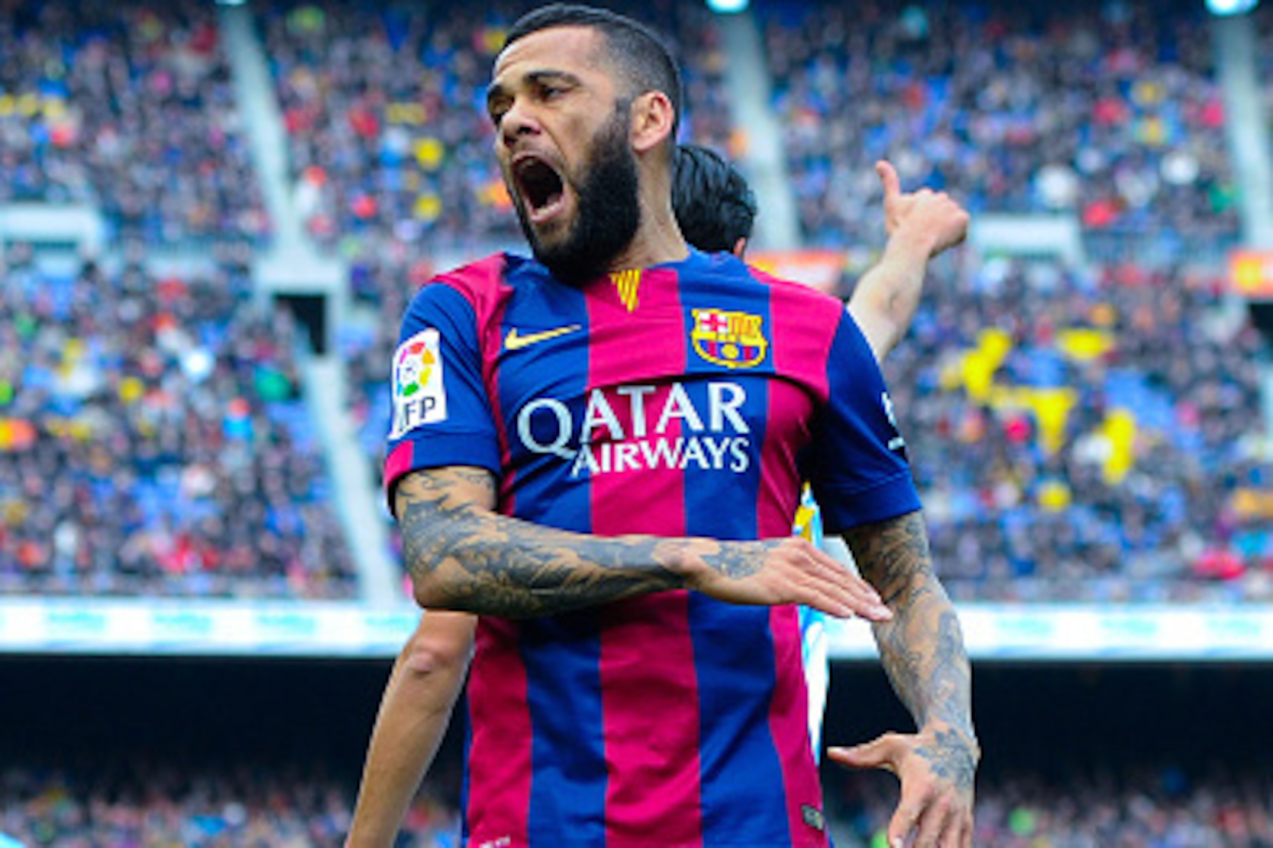 BARCELONA, SPAIN - FEBRUARY 21: Dani Alves of FC Barcelona reacts during the La Liga match between FC Barcelona and Malaga CF at Camp Nou on February 21, 2015 in Barcelona, Spain. (Photo by David Ramos/Getty Images) BARCELONA, SPAIN - FEBRUARY 21: Dani Alves of FC Barcelona reacts during the La Liga match between FC Barcelona and Malaga CF at Camp Nou on February 21, 2015 in Barcelona, Spain. (Photo by David Ramos/Getty Images)