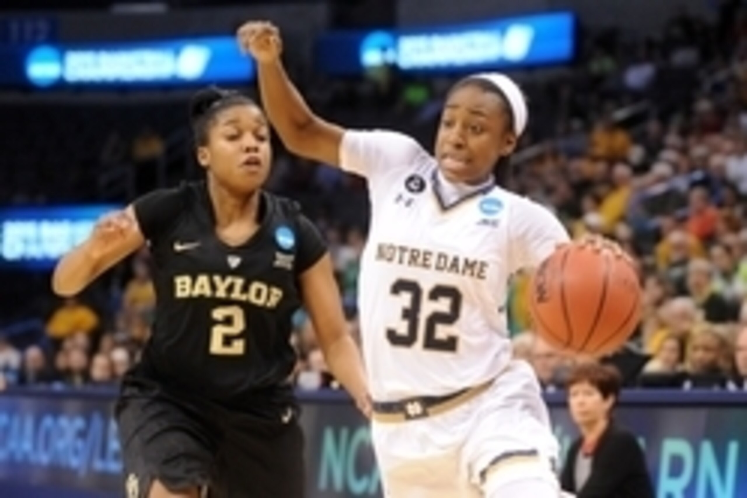 Mar 29, 2015; Oklahoma City, OK, USA;Notre Dame Fighting Irish guard Jewell Loyd (32) drives to the basket against Baylor Bears guard Niya Johnson (2) during the second half the finals of the Oklahoma City regional of the 2015 women's NCAA Tournament at C