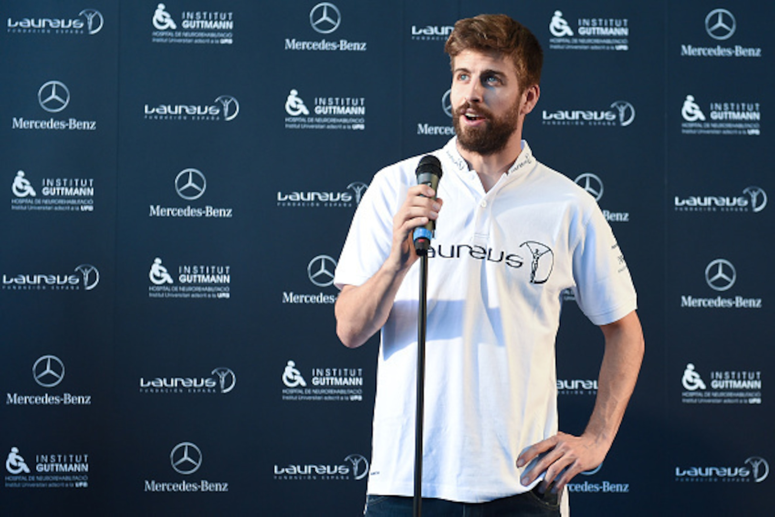 BARCELONA, SPAIN - APRIL 09:  Laureus Foundation Ambassador FC Barcelona player Gerard Pique faces the media at the Institut Guttmann on April 9, 2015 in Barcelona, Spain.  (Photo by David Ramos/Getty Images for Laureus)