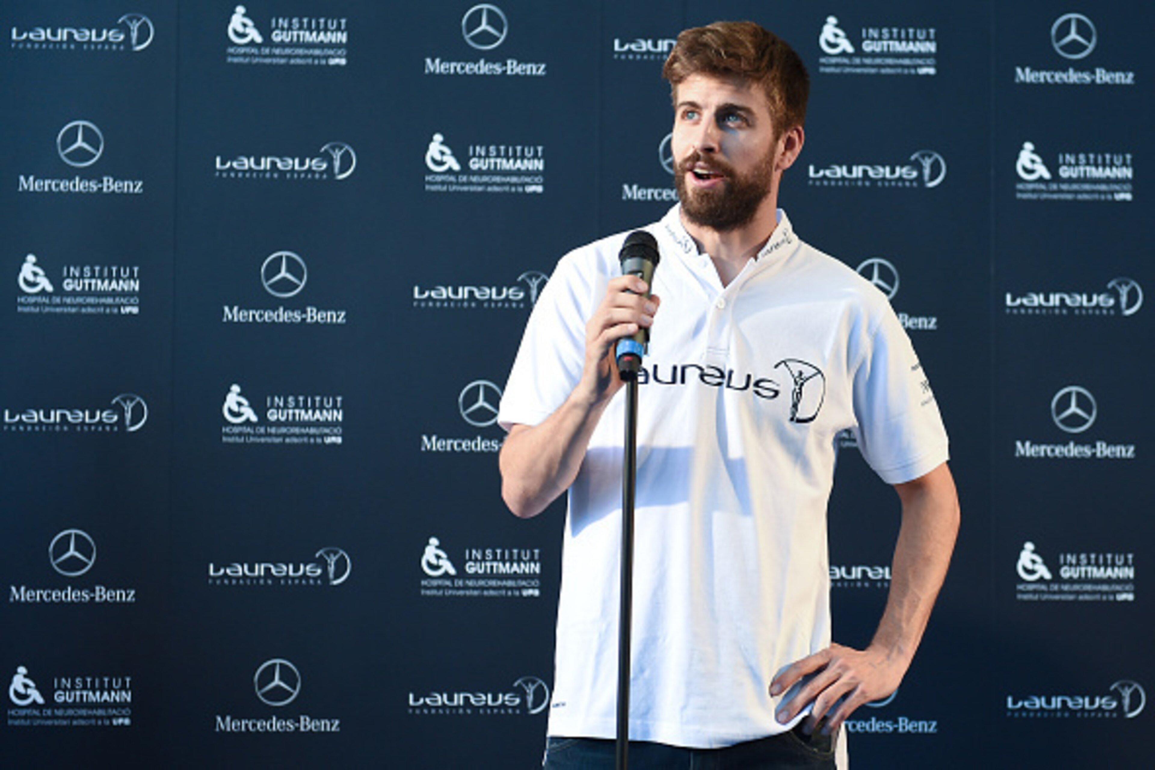 BARCELONA, SPAIN - APRIL 09:  Laureus Foundation Ambassador FC Barcelona player Gerard Pique faces the media at the Institut Guttmann on April 9, 2015 in Barcelona, Spain.  (Photo by David Ramos/Getty Images for Laureus)