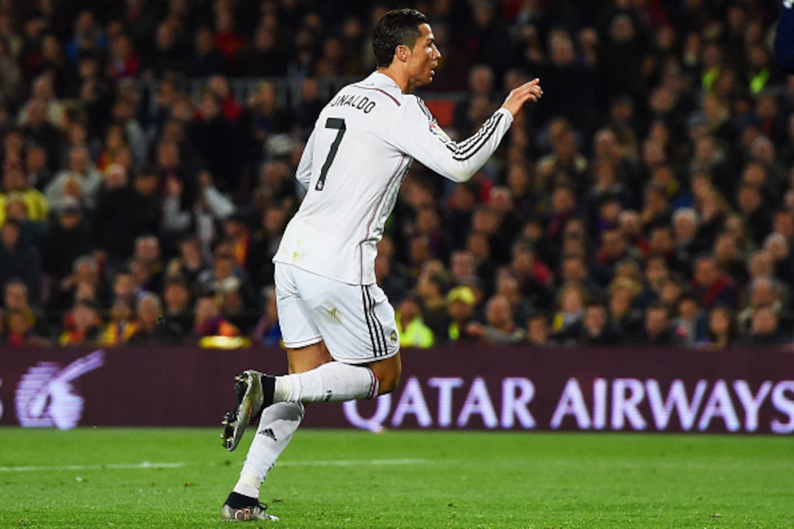 BARCELONA, SPAIN - MARCH 22:  Cristiano Ronaldo of Real Madrid CF celebrates as he scores their first and equalising goal during the La Liga match between FC Barcelona and Real Madrid CF at Camp Nou on March 22, 2015 in Barcelona, Spain.  (Photo by David 