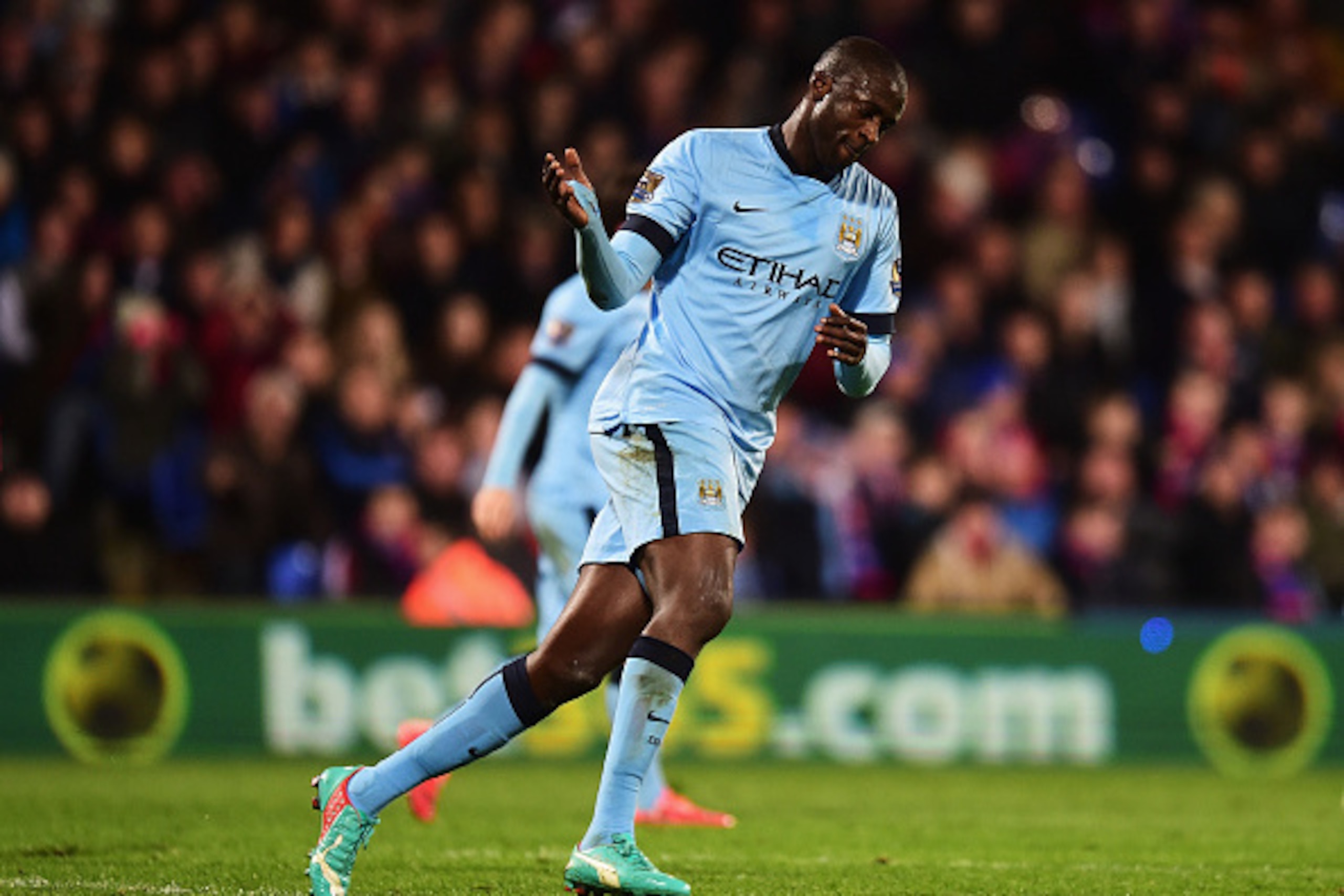 LONDON, ENGLAND - APRIL 06: Yaya Toure of Manchester City celebrates his goal during the Barclays Premier League match between Crystal Palace and Manchester City at Selhurst Park on April 6, 2015 in London, England.  (Photo by Jamie McDonald/Getty Images)