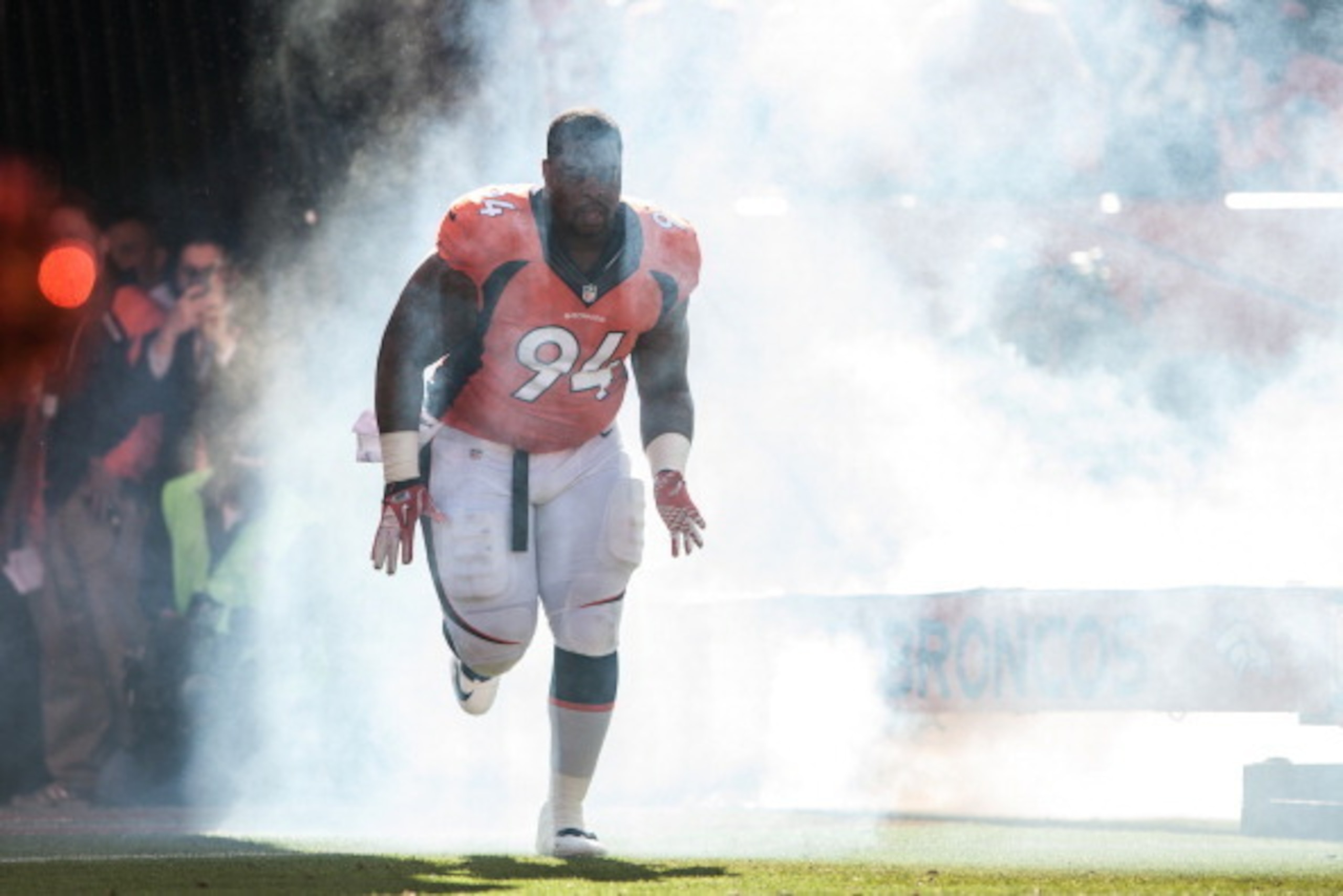 DENVER, CO - OCTOBER 27:  Defensive tackle Terrance Knighton #94 of the Denver Broncos runs onto the field during player introductions before a game against the Washington Redskins at Sports Authority Field Field at Mile High on October 27, 2013 in Denver