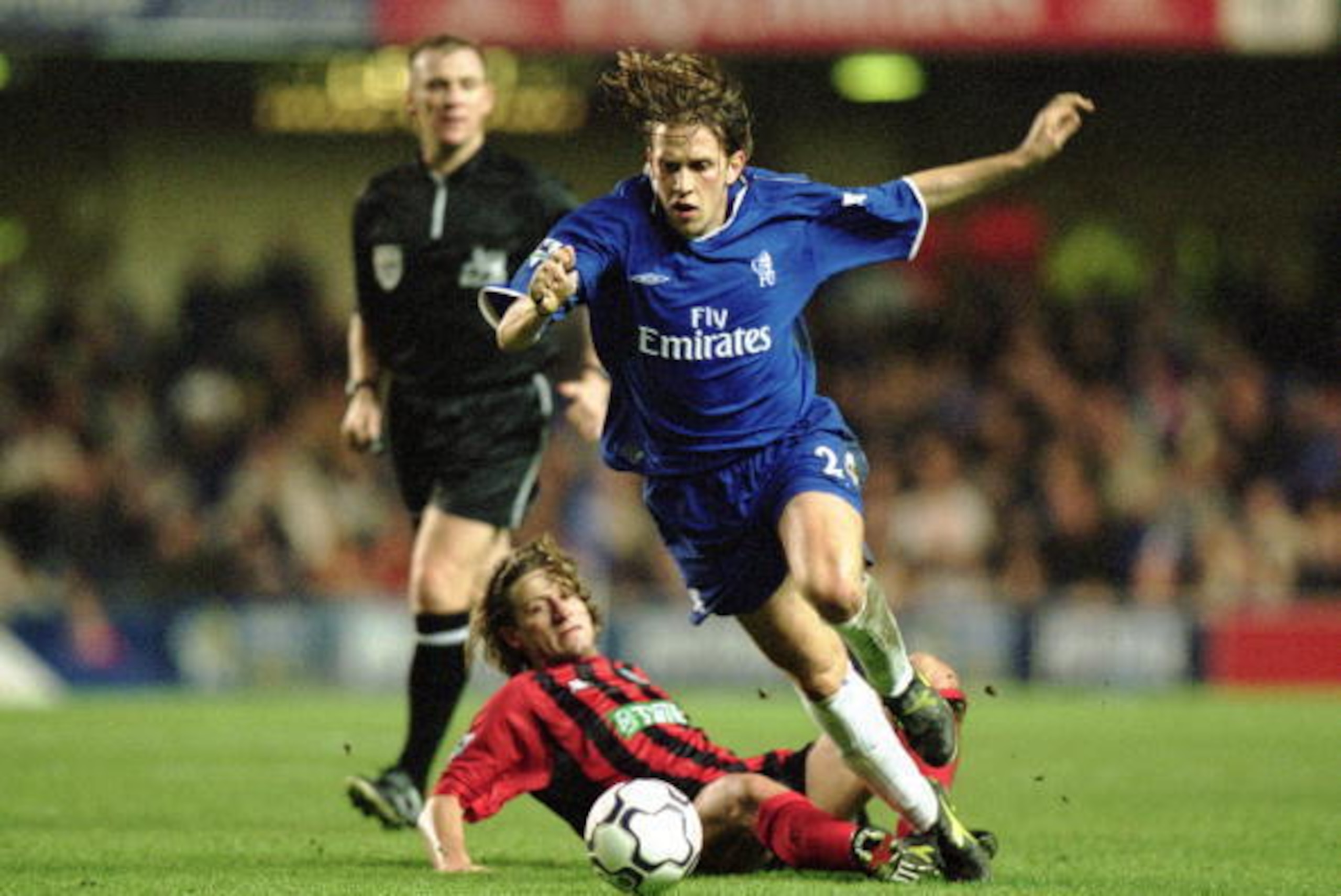 24 Nov 2001:  Sam Dalla Bona of Chelsea takes the ball past Tugay of Blackburn Rovers during the FA Barclaycard Premiership match played at Stamford Bridge, in London. The match ended in a 0-0 draw. \ Mandatory Credit: Ben Radford /Allsport