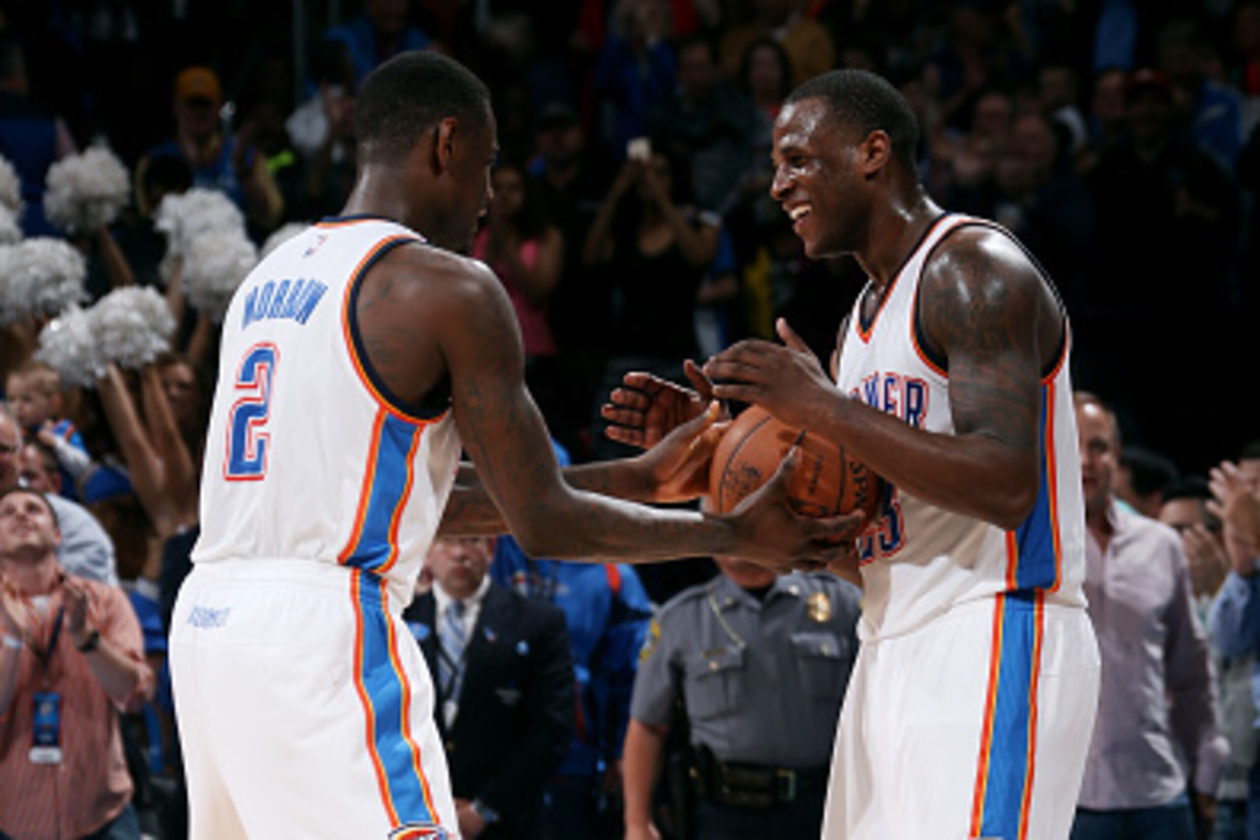 OKLAHOMA CITY, OK- March 20: Anthony Morrow #2 and Dion Waiters #23 of the Oklahoma City Thunder celebrate during a game against the Atlanta Hawks on March 20, 2015 at Chesapeake Energy Arena in Oklahoma City, Oklahoma. NOTE TO USER: User expressly acknow
