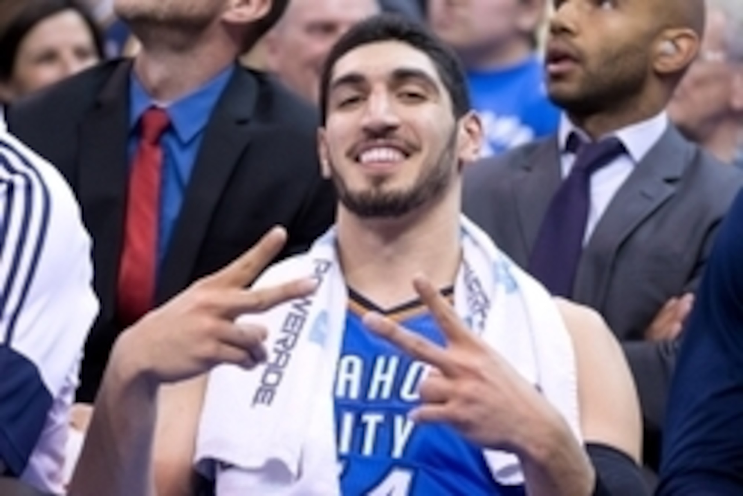 Mar 28, 2015; Salt Lake City, UT, USA; Oklahoma City Thunder center Enes Kanter (34) reacts from the bench area during the first half against the Utah Jazz at EnergySolutions Arena. Mandatory Credit: Russ Isabella-USA TODAY Sports