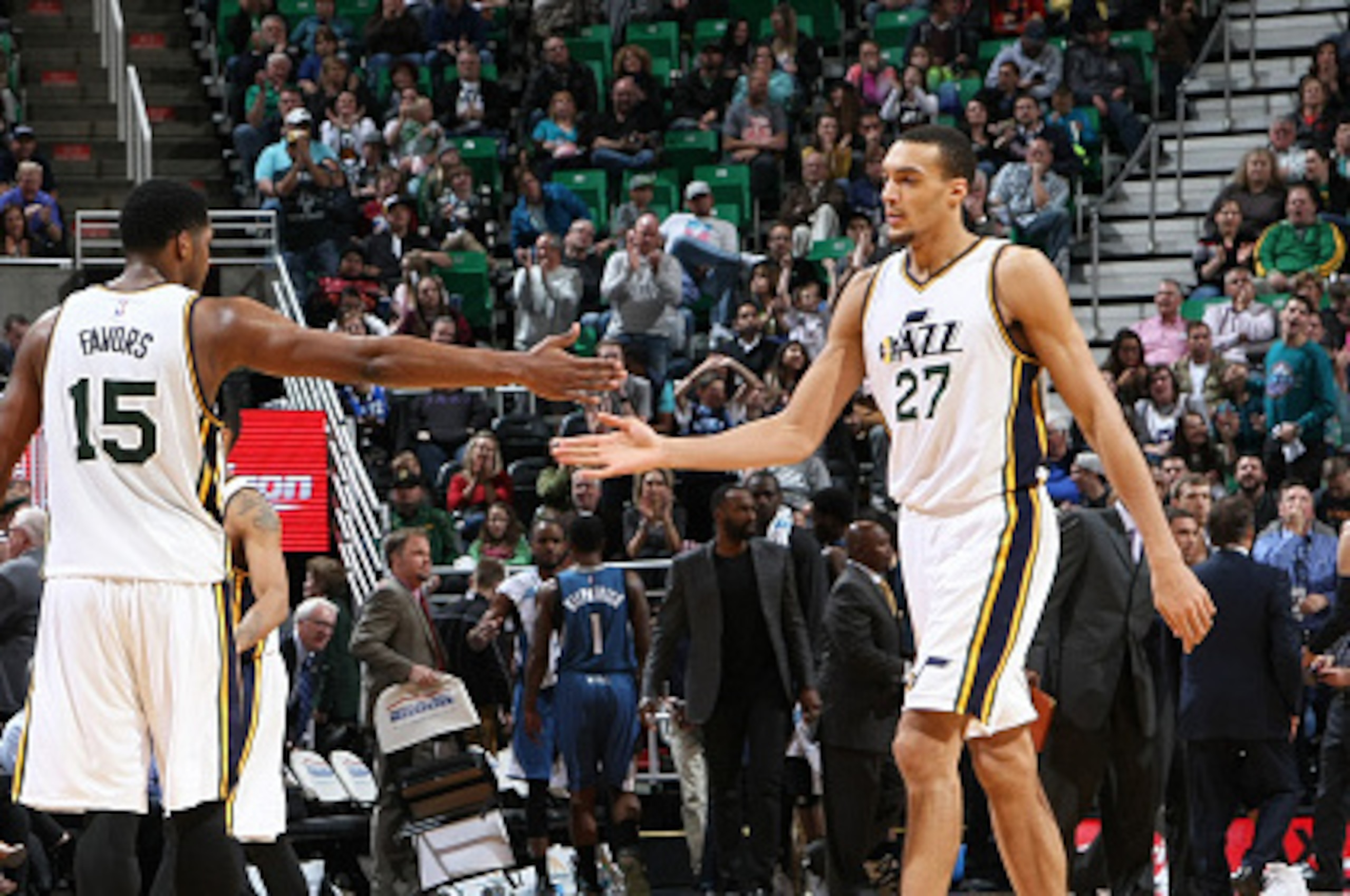 SALT LAKE CITY, UT - MARCH 23: Derrick Favors #15 and Rudy Gobert #27 of the Utah Jazz during the game against the Minnesota Timberwolves on March 23, 2015 at EnergySolutions Arena in Salt Lake City, Utah. NOTE TO USER: User expressly acknowledges and agr SALT LAKE CITY, UT - MARCH 23: Derrick Favors #15 and Rudy Gobert #27 of the Utah Jazz during the game against the Minnesota Timberwolves on March 23, 2015 at EnergySolutions Arena in Salt Lake City, Utah. NOTE TO USER: User expressly acknowledges and agr