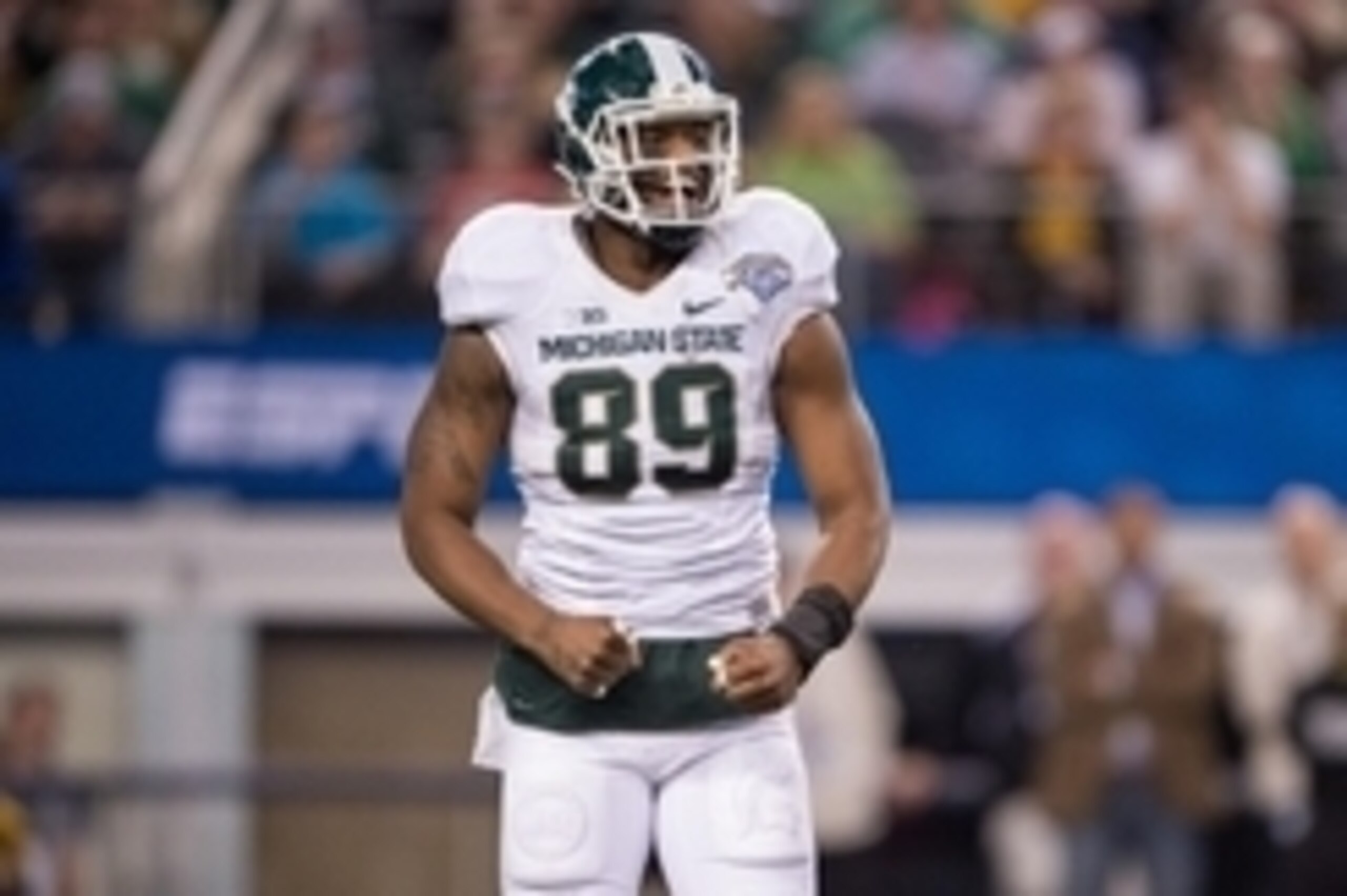 Jan 1, 2015; Arlington, TX, USA; Michigan State Spartans defensive end Shilique Calhoun (89) celebrates his sack of Baylor Bears quarterback Bryce Petty (not pictured) in the 2015 Cotton Bowl Classic at AT&T Stadium. The Spartans defeated the Bears 42-41.