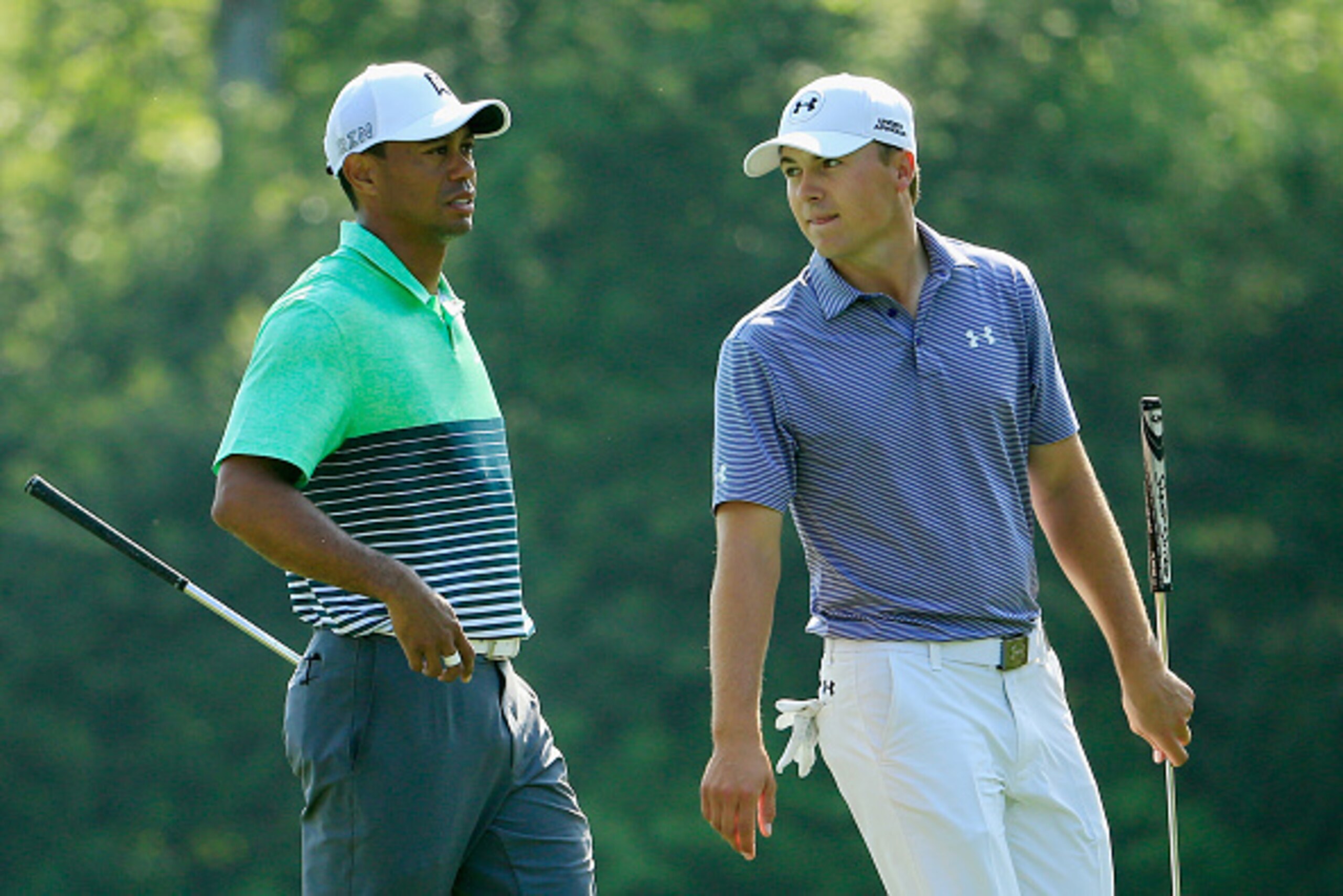 AUGUSTA, GA - APRIL 08:  Tiger Woods and Jordan Spieth of the United States walk together during a practice round prior to the start of the 2015 Masters Tournament at Augusta National Golf Club on April 8, 2015 in Augusta, Georgia.  (Photo by Jamie Squire