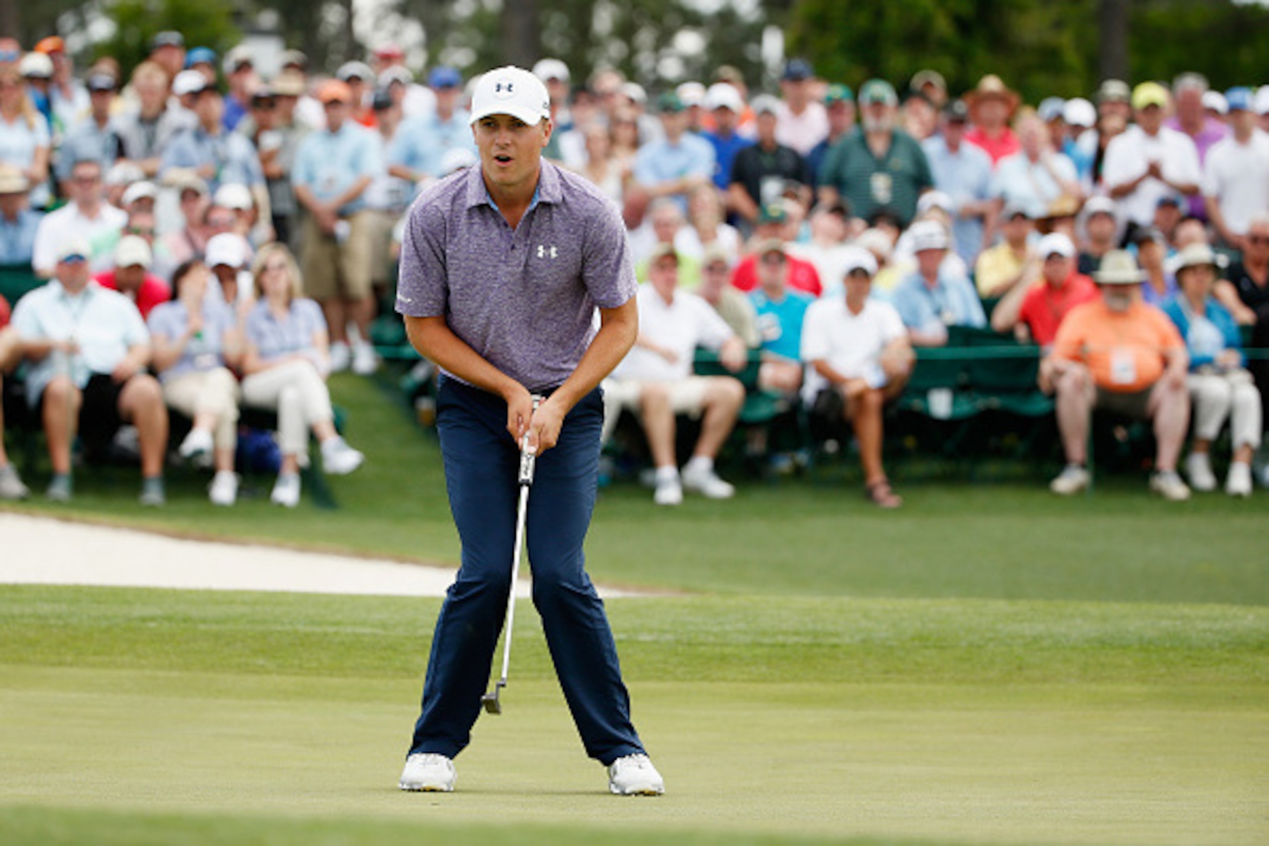 AUGUSTA, GA - APRIL 10: Jordan Spieth of the United States reacts to a missed birdie putt on the 18th green during the second round of the 2015 Masters Tournament at Augusta National Golf Club on April 10, 2015 in Augusta, Georgia. (Photo by Ezra Shaw/G AUGUSTA, GA - APRIL 10: Jordan Spieth of the United States reacts to a missed birdie putt on the 18th green during the second round of the 2015 Masters Tournament at Augusta National Golf Club on April 10, 2015 in Augusta, Georgia. (Photo by Ezra Shaw/G