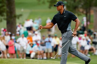 AUGUSTA, GA - APRIL 10:  Tiger Woods of the United States celebrates a birdie on the seventh green during the second round of the 2015 Masters Tournament at Augusta National Golf Club on April 10, 2015 in Augusta, Georgia.  (Photo by Ezra Shaw/Getty Image