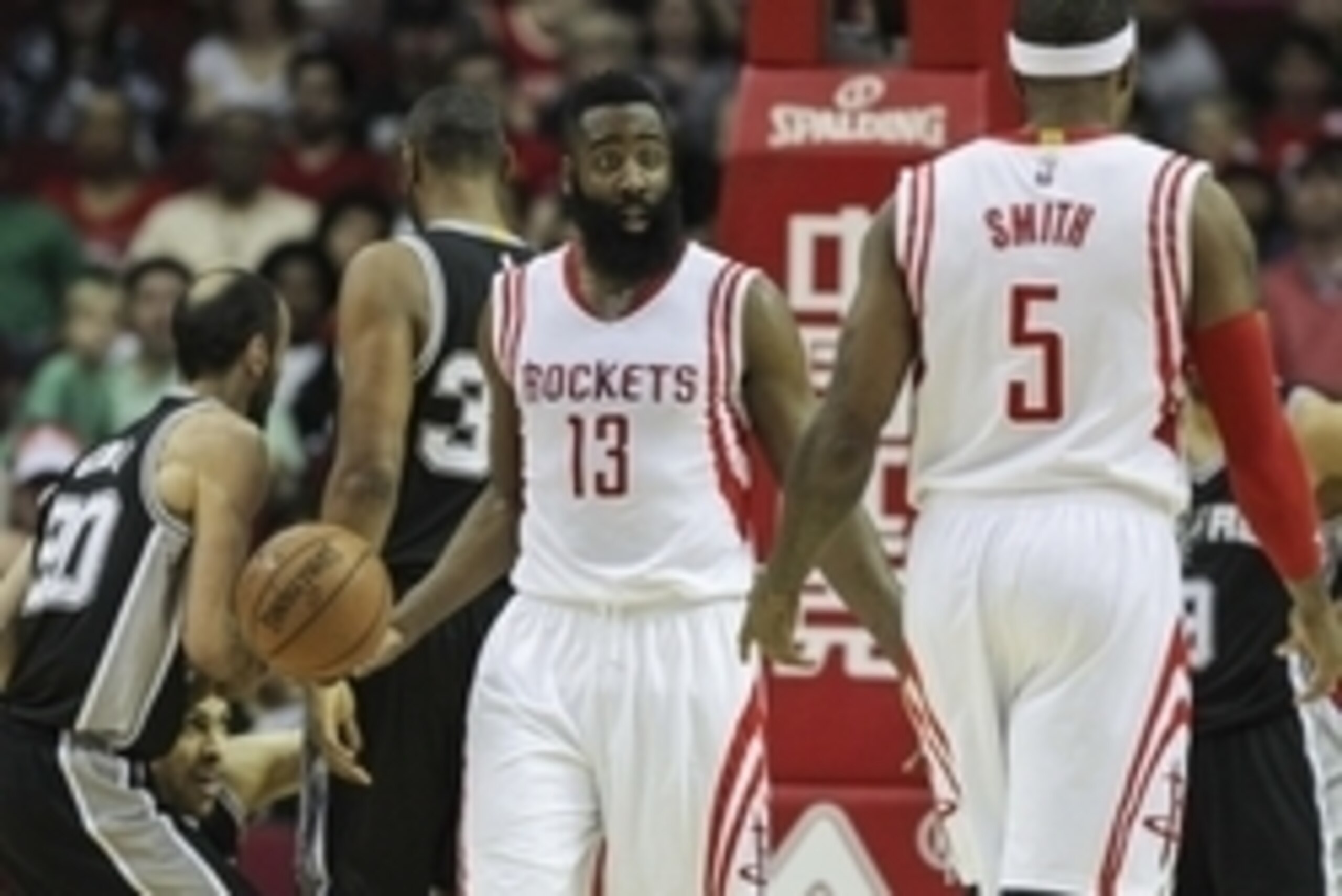 Apr 10, 2015; Houston, TX, USA; Houston Rockets guard James Harden (13) reacts after a play during the first quarter against the San Antonio Spurs at Toyota Center. Mandatory Credit: Troy Taormina-USA TODAY Sports