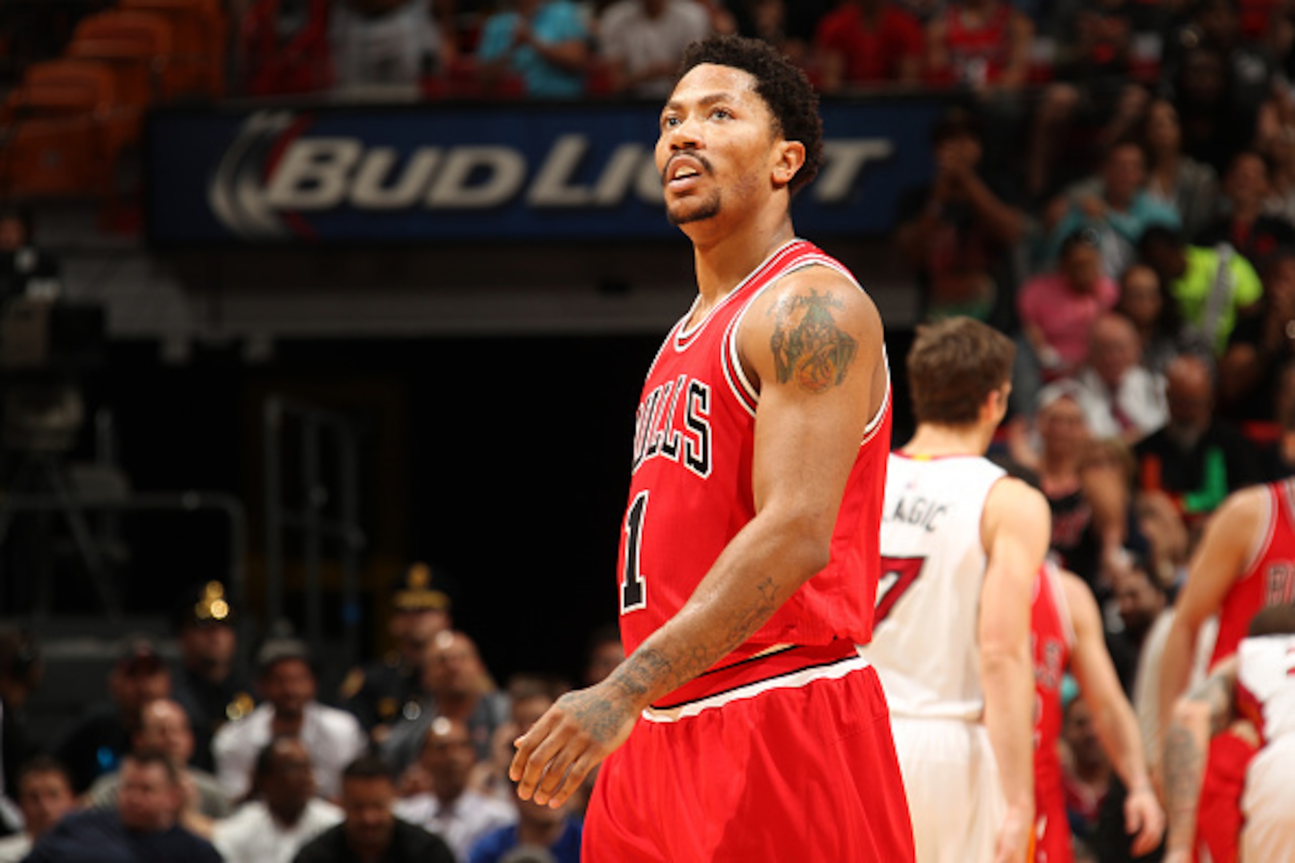 MIAMI, FL - APRIL 9: Derrick Rose #1 of the Chicago Bulls during the game against the Miami Heat on April 9, 2015 at AmericanAirlines Arena in Miami, Florida. NOTE TO USER: User expressly acknowledges and agrees that, by downloading and/or using this phot MIAMI, FL - APRIL 9: Derrick Rose #1 of the Chicago Bulls during the game against the Miami Heat on April 9, 2015 at AmericanAirlines Arena in Miami, Florida. NOTE TO USER: User expressly acknowledges and agrees that, by downloading and/or using this phot