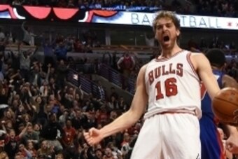 Apr 3, 2015; Chicago, IL, USA; Chicago Bulls forward Pau Gasol (16) reacts after scoring against the Detroit Pistons during the second half at the United Center. The Chicago Bulls defeated the Detroit Pistons 88-82. Mandatory Credit: David Banks-USA TODAY