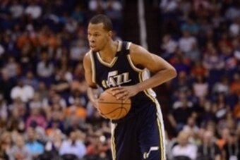 Apr 4, 2015; Phoenix, AZ, USA; Utah Jazz guard Rodney Hood (5) dribbles against the Phoenix Suns at US Airways Center. The Suns won 87-85. Mandatory Credit: Joe Camporeale-USA TODAY Sports