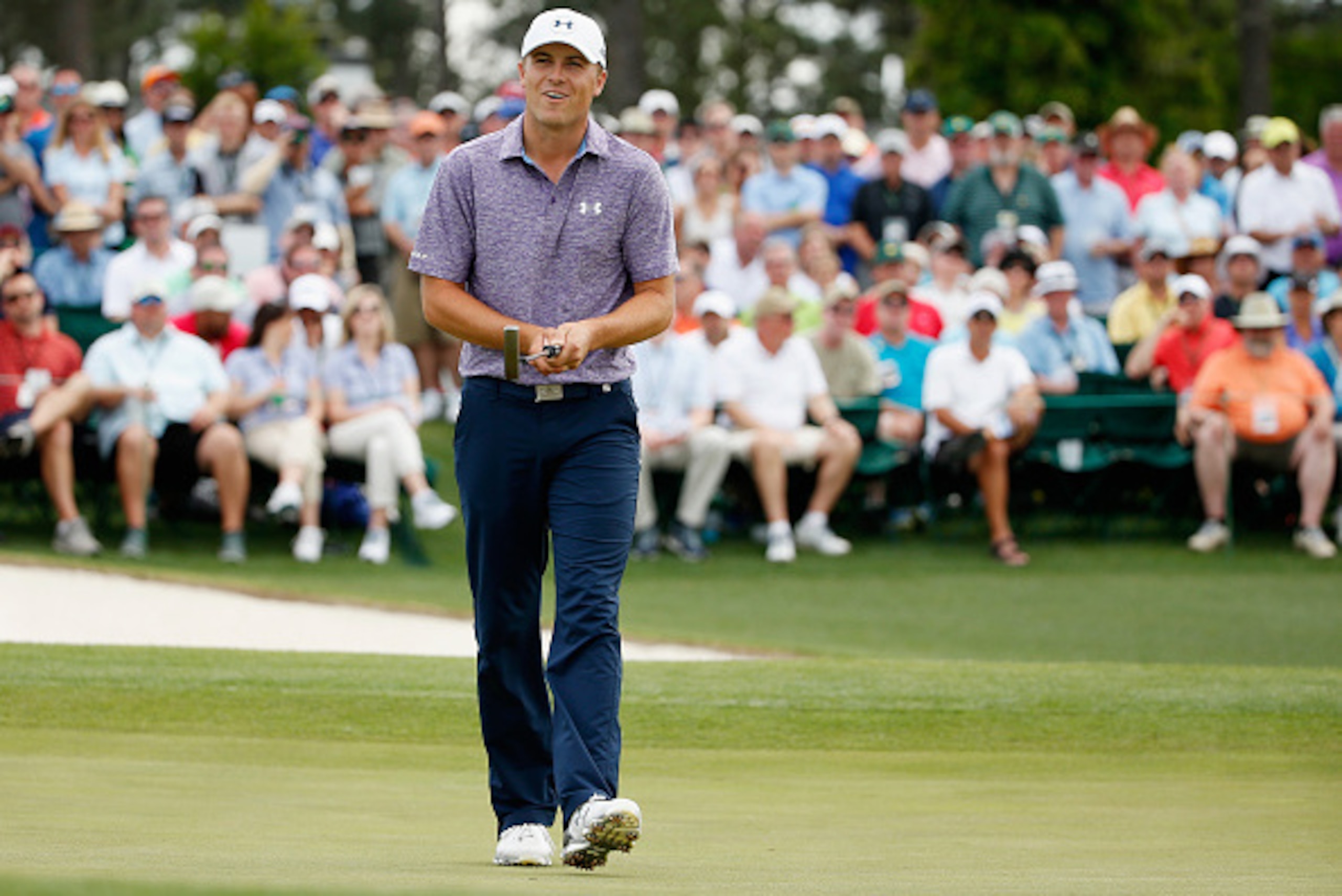 AUGUSTA, GA - APRIL 10: Jordan Spieth of the United States reacts to a missed birdie putt on the 18th green during the second round of the 2015 Masters Tournament at Augusta National Golf Club on April 10, 2015 in Augusta, Georgia. (Photo by Ezra Shaw/G AUGUSTA, GA - APRIL 10: Jordan Spieth of the United States reacts to a missed birdie putt on the 18th green during the second round of the 2015 Masters Tournament at Augusta National Golf Club on April 10, 2015 in Augusta, Georgia. (Photo by Ezra Shaw/G