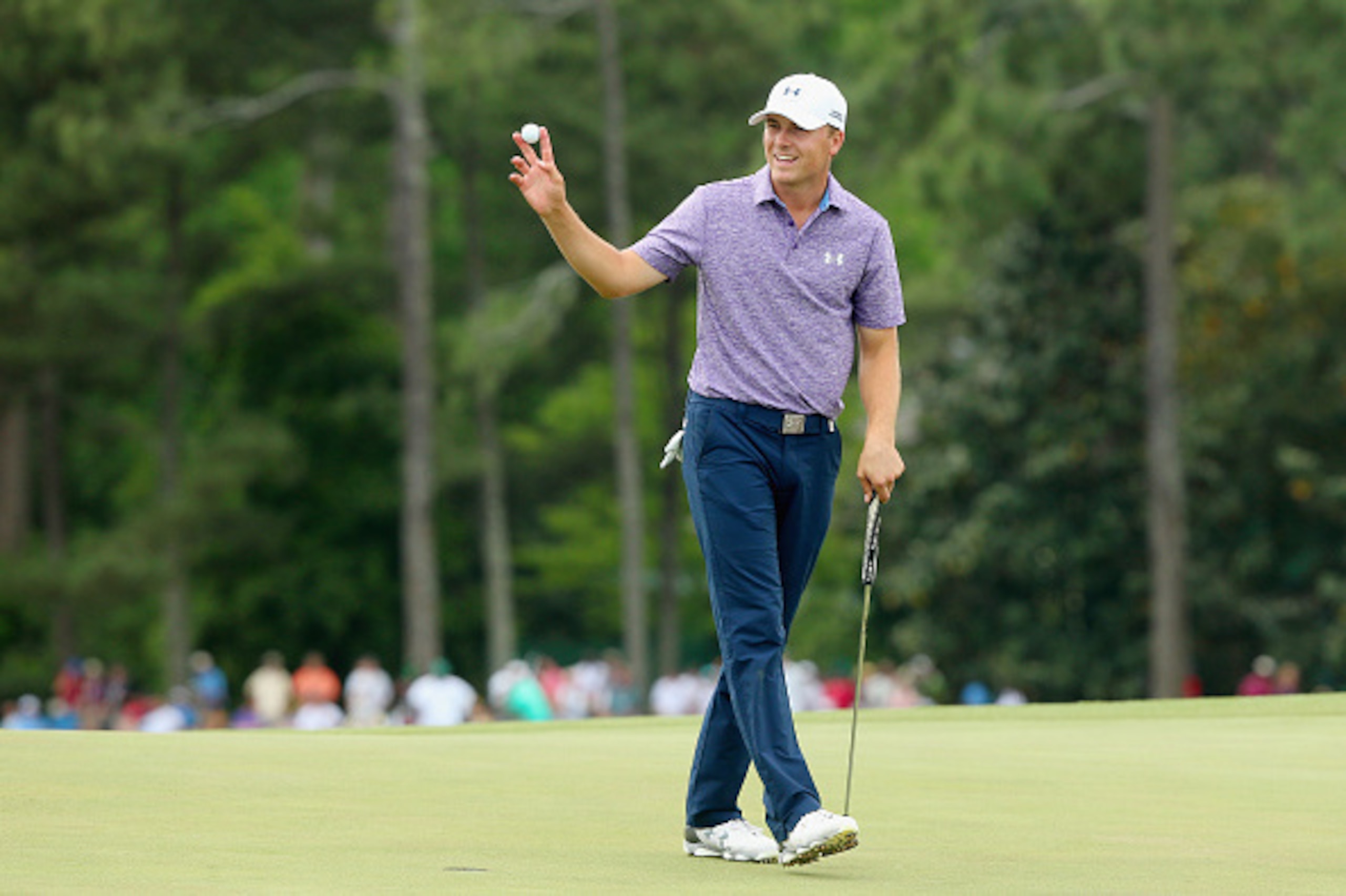 AUGUSTA, GA - APRIL 10: Jordan Spieth of the United States waves to the gallery on the 18th green after a six-under par 66 during the second round of the 2015 Masters Tournament at Augusta National Golf Club on April 10, 2015 in Augusta, Georgia. (Photo AUGUSTA, GA - APRIL 10: Jordan Spieth of the United States waves to the gallery on the 18th green after a six-under par 66 during the second round of the 2015 Masters Tournament at Augusta National Golf Club on April 10, 2015 in Augusta, Georgia. (Photo