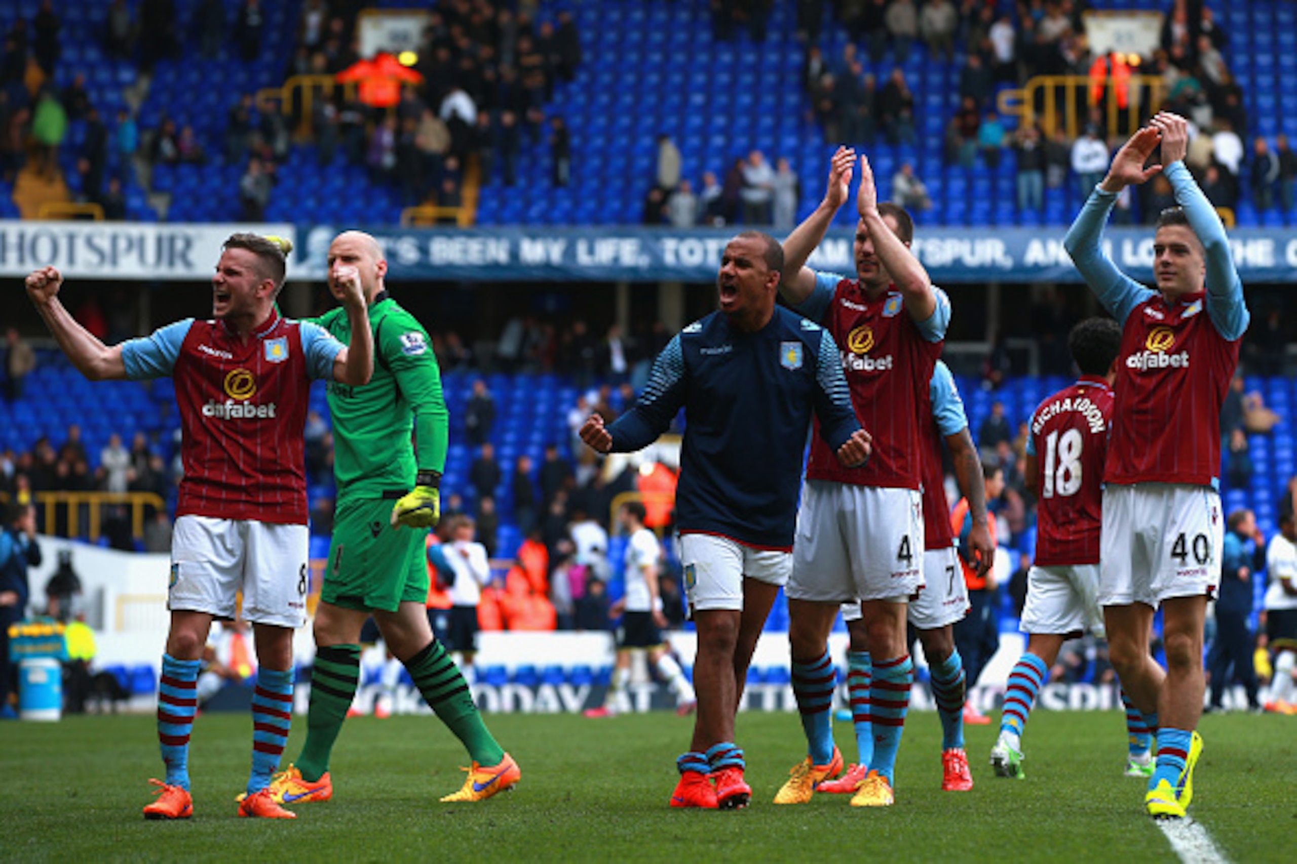 LONDON, ENGLAND - APRIL 11: Aston Villa players celebrate after the Barclays Premier League match between Tottenham Hotspur and Aston Villa at White Hart Lane on April 11, 2015 in London, England.  (Photo by Matthew Lewis/Getty Images)