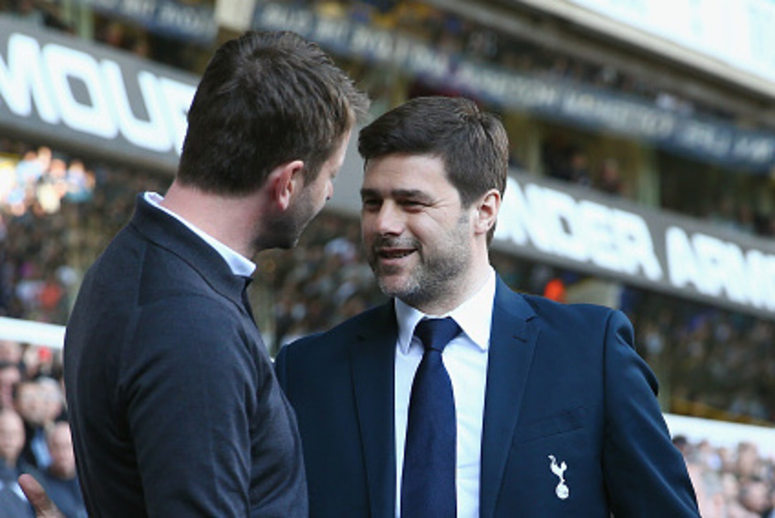 LONDON, ENGLAND - APRIL 11:  Manager Tim Sherwood of Aston Villa is greeted by Manager Mauricio Pochettino of Spurs during the Barclays Premier League match between Tottenham Hotspur and Aston Villa at White Hart Lane on April 11, 2015 in London, England.
