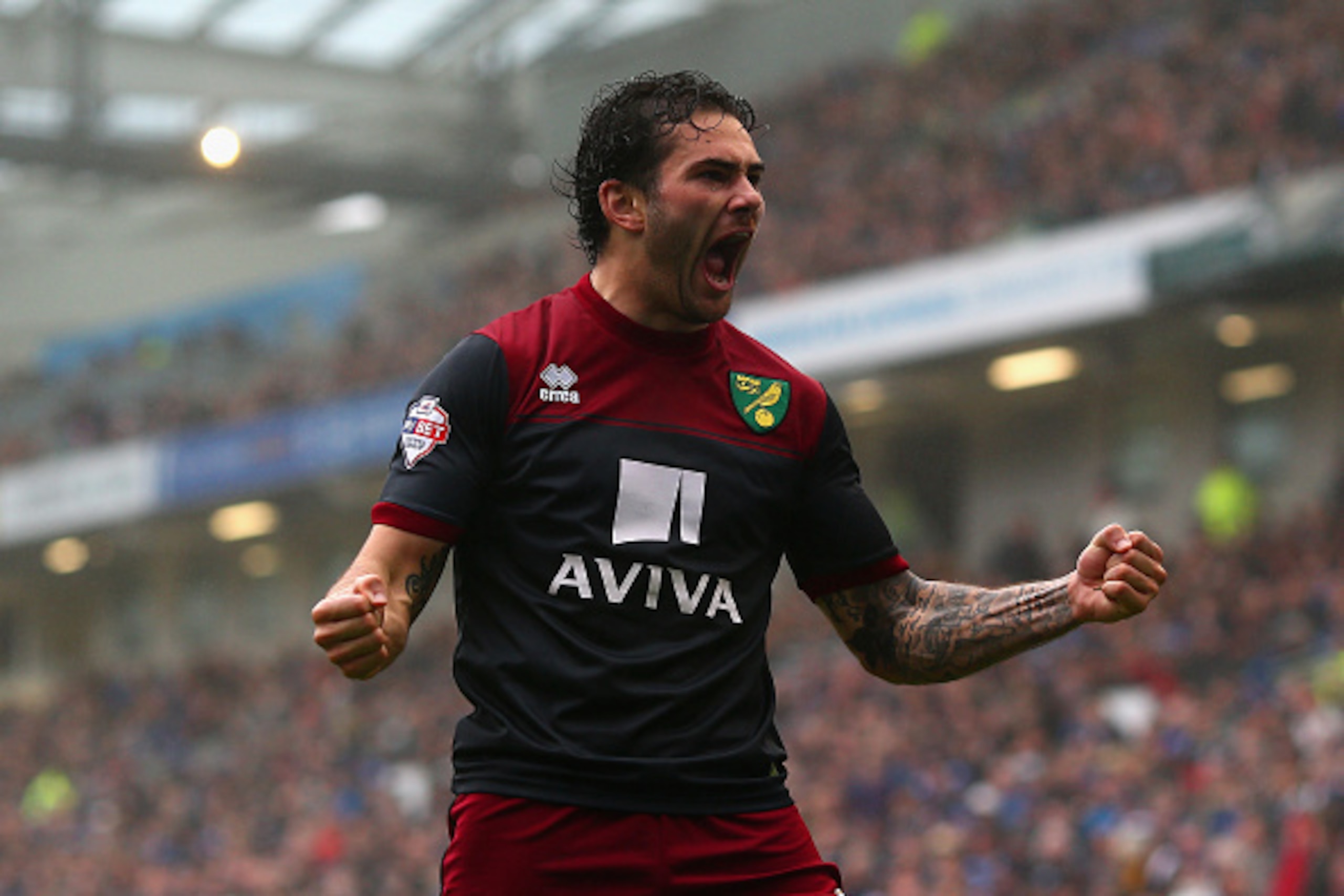 BRIGHTON, ENGLAND - APRIL 03:  Bradley Johnson of Norwich celebrates scoring the opening goal during the Sky Bet Championship match between Brighton & Hove Albion and Norwich City at Amex Stadium on April 3, 2015 in Brighton, England.  (Photo by Charlie C