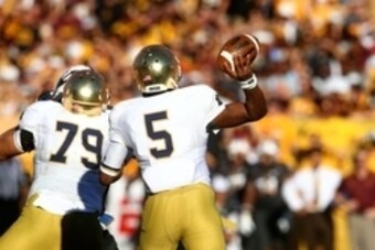 Nov 8, 2014; Tempe, AZ, USA; Notre Dame Fighting Irish quarterback Everett Golson (5) against the Arizona State Sun Devils at Sun Devil Stadium. Arizona State defeated Notre Dame 55-31. Mandatory Credit: Mark J. Rebilas-USA TODAY Sports