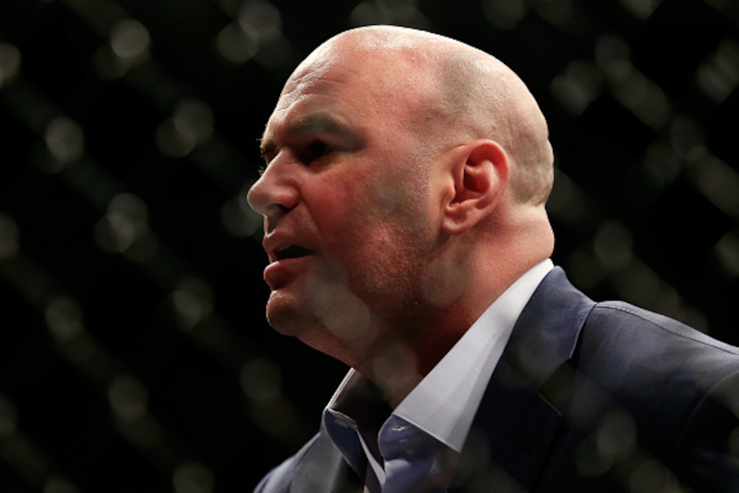 LAS VEGAS, NV - DECEMBER 06: UFC President Dana White looks on following a lightweight title bout between Anthony Pettis and Gilbert Menendez during the UFC 181 event at the Mandalay Bay Events Center on December 6, 2014 in Las Vegas, Nevada.  (Photo by A