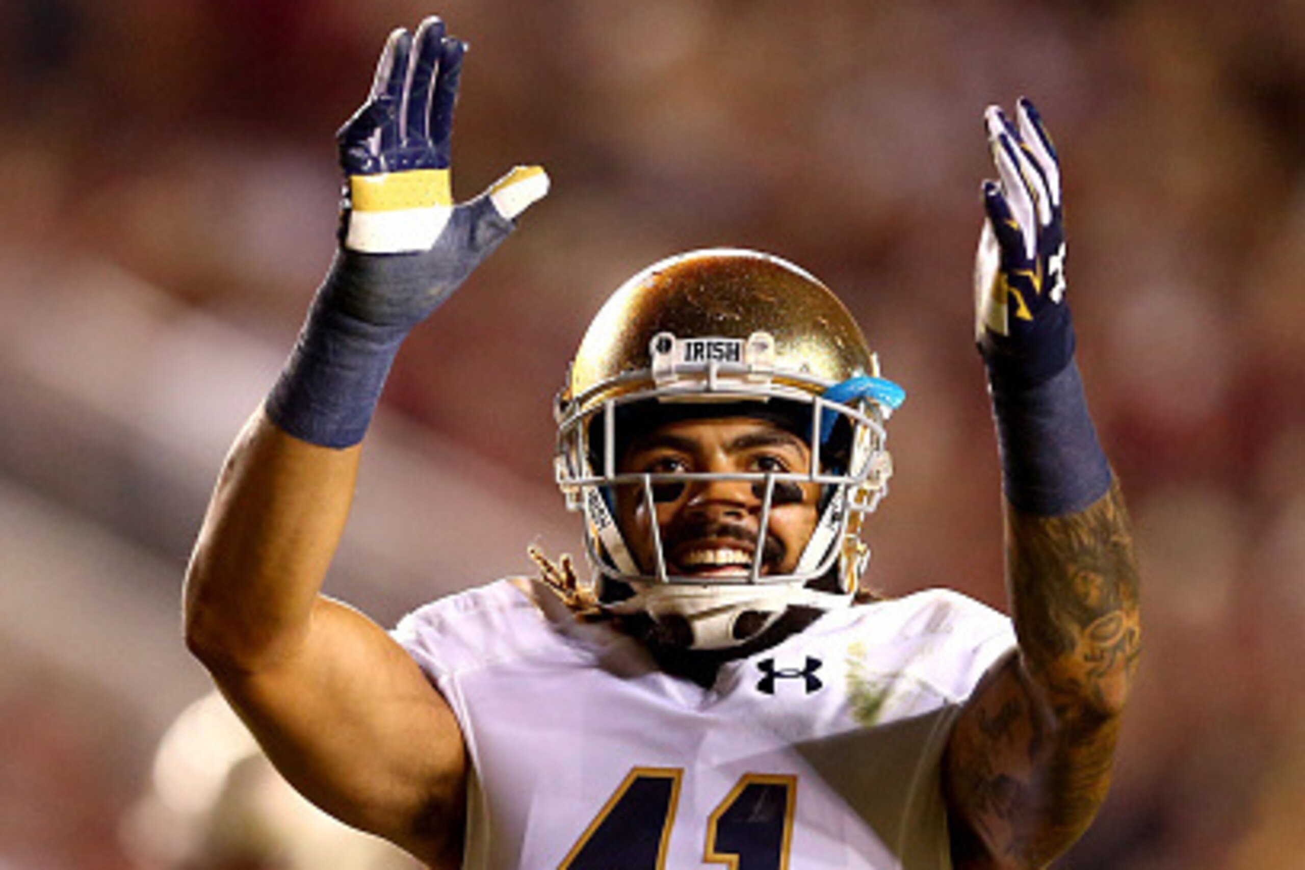TALLAHASSEE, FL - OCTOBER 18: Matthias Farley #41 of the Notre Dame Fighting Irish reacts to the crowd during their game against the Florida State Seminoles at Doak Campbell Stadium on October 18, 2014 in Tallahassee, Florida. (Photo by Streeter Lecka/G TALLAHASSEE, FL - OCTOBER 18: Matthias Farley #41 of the Notre Dame Fighting Irish reacts to the crowd during their game against the Florida State Seminoles at Doak Campbell Stadium on October 18, 2014 in Tallahassee, Florida. (Photo by Streeter Lecka/G