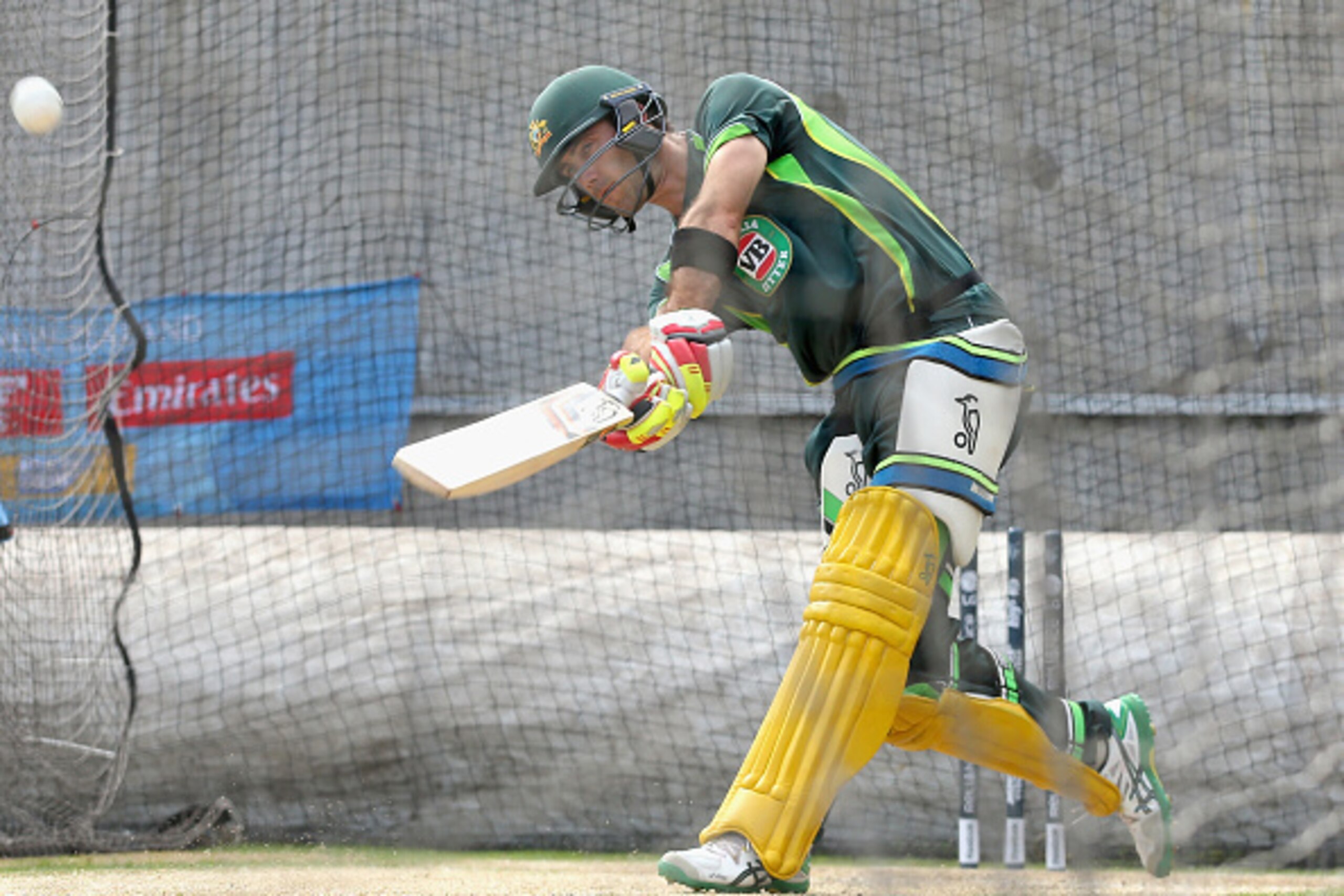 MELBOURNE, AUSTRALIA - MARCH 28:  Glenn Maxwell of Australia bats during an Australian nets session at Melbourne Cricket Ground on March 28, 2015 in Melbourne, Australia.  (Photo by Quinn Rooney/Getty Images)