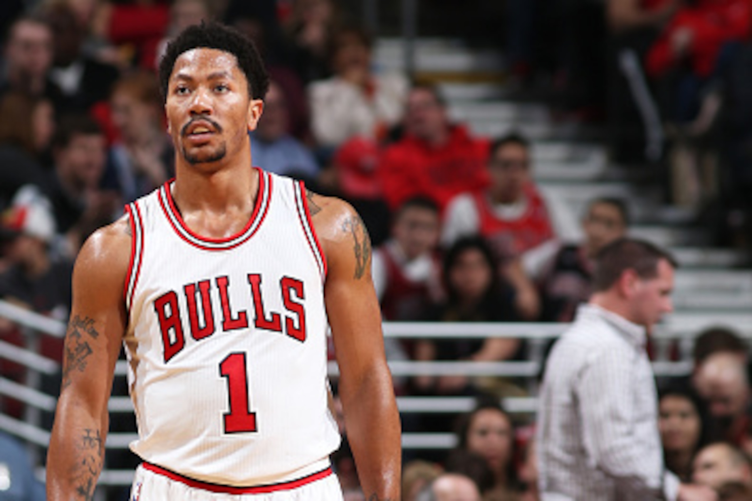 CHICAGO, IL - APRIL 11: Derrick Rose #1 of the Chicago Bulls during the game against the Philadelphia 76ers on April 11, 2015 at the United Center in Chicago, Illinois. NOTE TO USER: User expressly acknowledges and agrees that, by downloading and or using