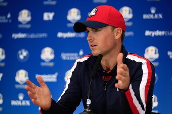 AUCHTERARDER, SCOTLAND - SEPTEMBER 23:  Jordan Spieth of the United States talks during a press conference ahead of the 2014 Ryder Cup on the PGA Centenary course at the Gleneagles Hotel on September 23, 2014 in Auchterarder, Scotland.  (Photo by Jamie Sq
