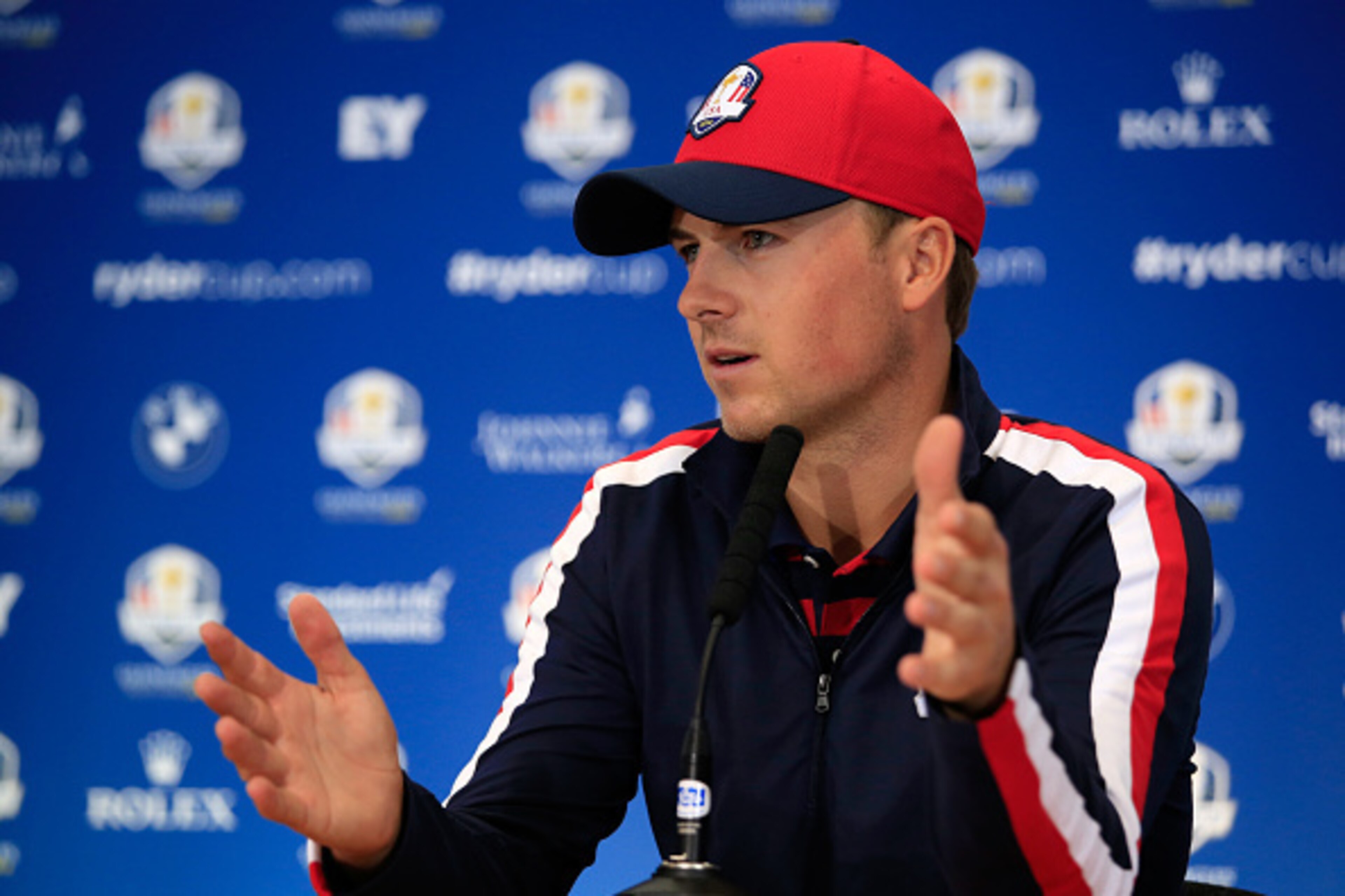 AUCHTERARDER, SCOTLAND - SEPTEMBER 23:  Jordan Spieth of the United States talks during a press conference ahead of the 2014 Ryder Cup on the PGA Centenary course at the Gleneagles Hotel on September 23, 2014 in Auchterarder, Scotland.  (Photo by Jamie Sq