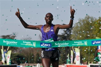 Korir celebrates his maiden marathon triumph.