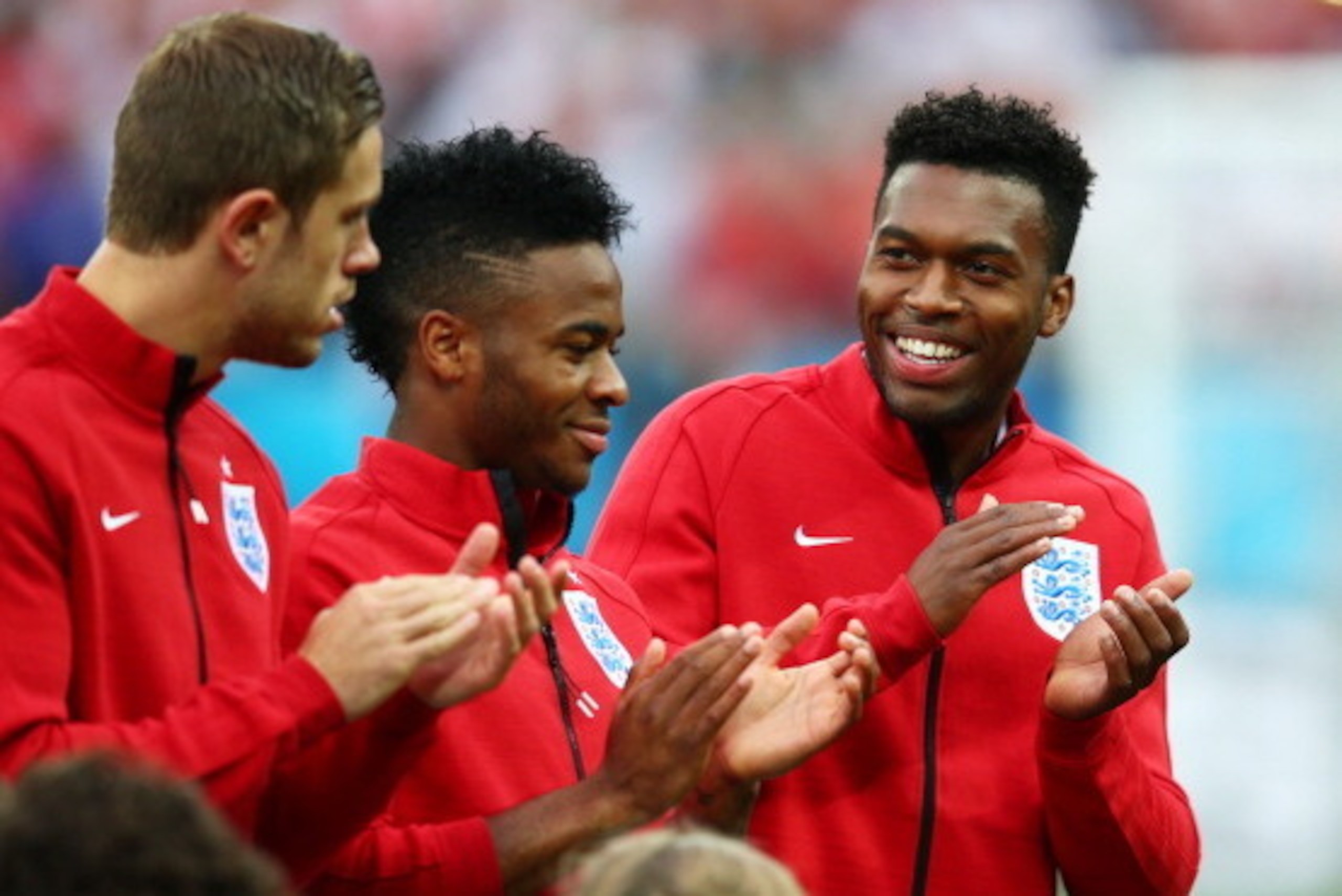 SAO PAULO, BRAZIL - JUNE 19: (L-R) Jordan Henderson, Raheem Sterling and Daniel Sturridge of England look on prior to the 2014 FIFA World Cup Brazil Group D match between Uruguay and England at Arena de Sao Paulo on June 19, 2014 in Sao Paulo, Brazil.  (P