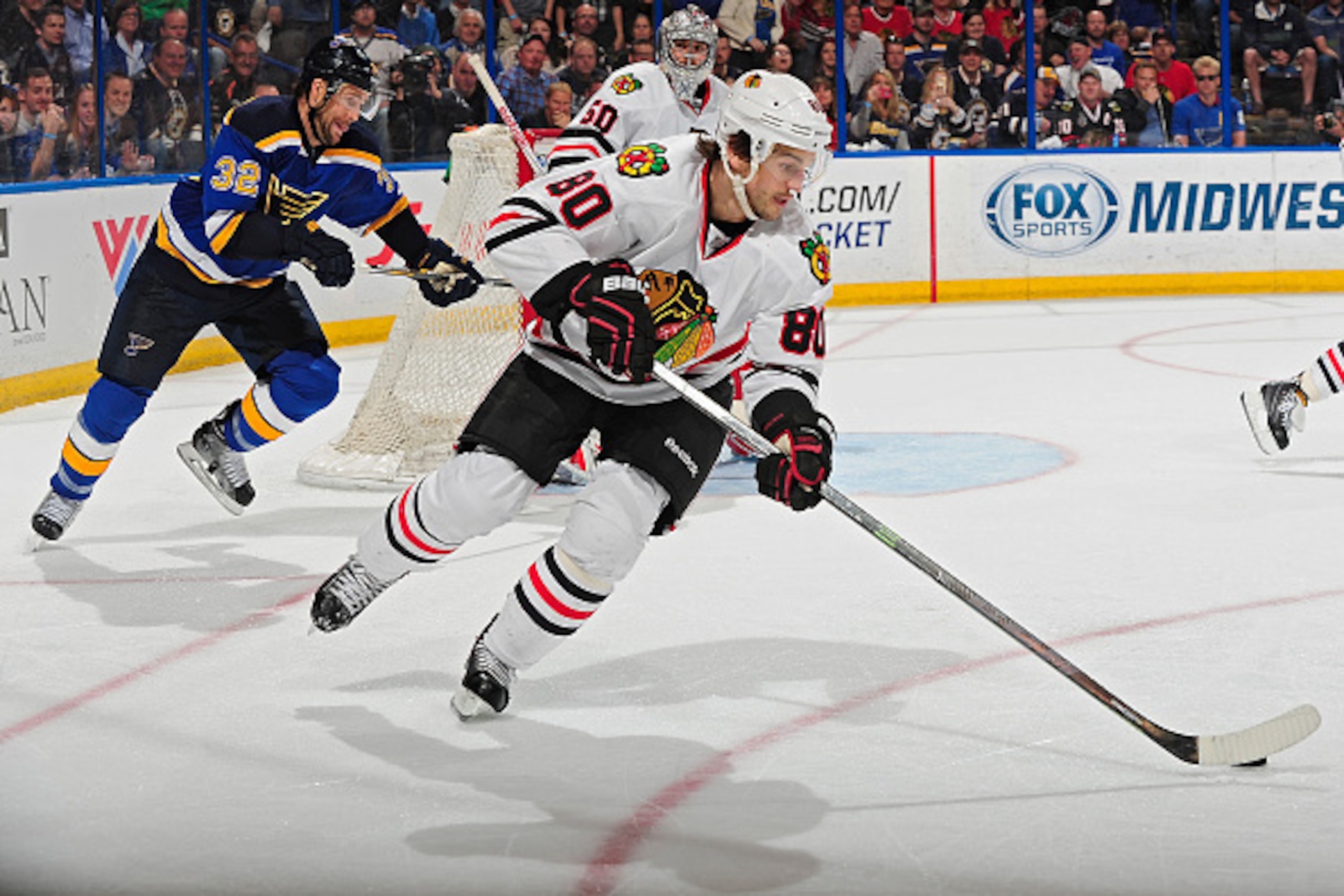 ST. LOUIS, MO - APRIL 9: Antoine Vermette #80 of the Chicago Blackhawks handles the puck against the St. Louis Blues on April 9, 2015 at the Scottrade Center in St. Louis, Missouri. (Photo by Jeff Curry/NHLI via Getty Images)