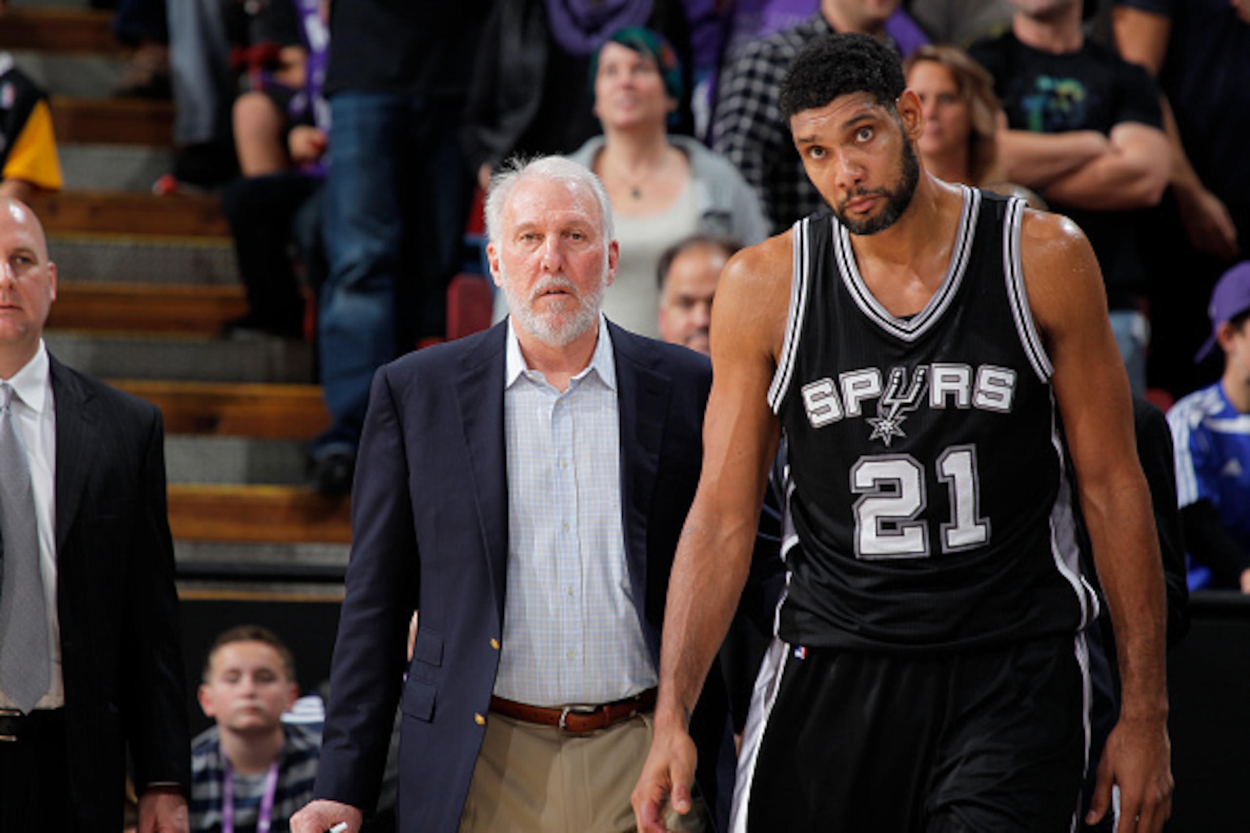 SACRAMENTO, CA - NOVEMBER 15: Head Coach Gregg Popovich of the San Antonio Spurs coaches his player Tim Duncan #21 against the Sacramento Kings on November 15, 2014 at Sleep Train Arena in Sacramento, California. NOTE TO USER: User expressly acknowledges 