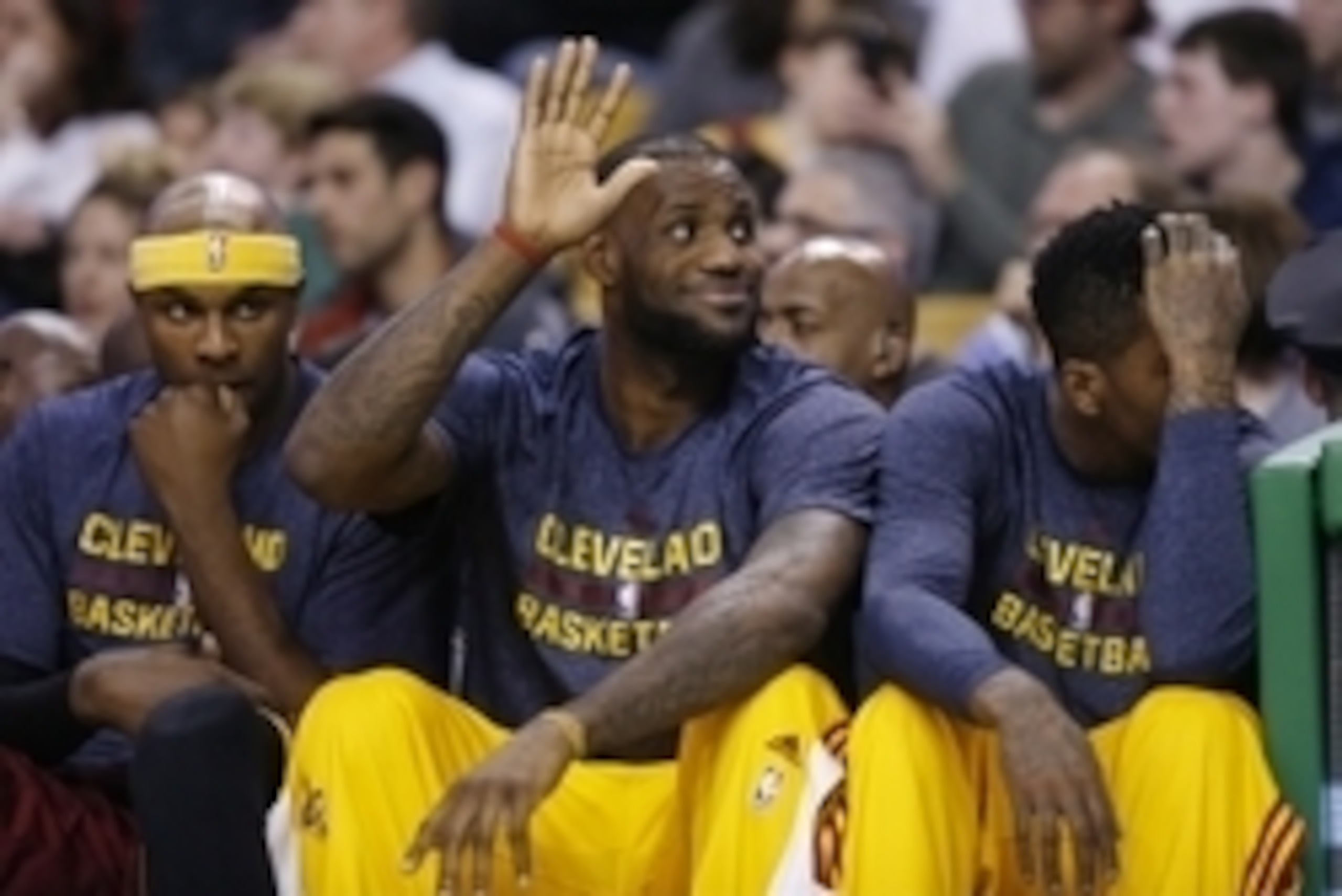 Apr 12, 2015; Boston, MA, USA; Cleveland Cavaliers forward LeBron James (23) waves to the fans as his team takes on the Boston Celtics in the second half at TD Garden. The Celtics defeated the Cleveland Cavaliers 117-78. Mandatory Credit: David Butler II-
