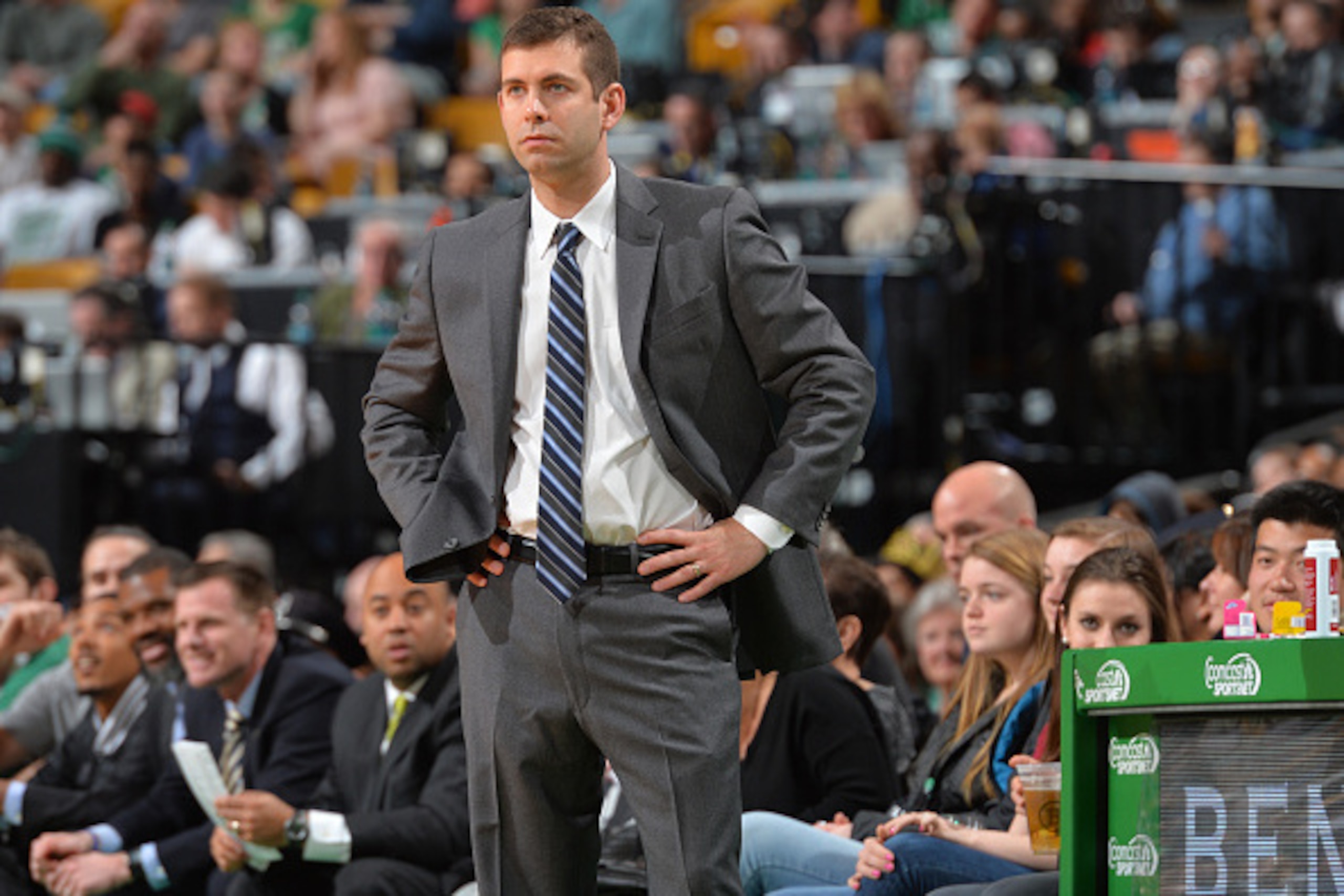 BOSTON, MA  - APRIL 12: Head Coach Brad Stevens of the Boston Celtics looks on against the Cleveland Cavilers at the TD Garden on April 12, 2015 in Boston, Massachusetts.NOTE TO USER: User expressly acknowledges and agrees that, by downloading and/or usin
