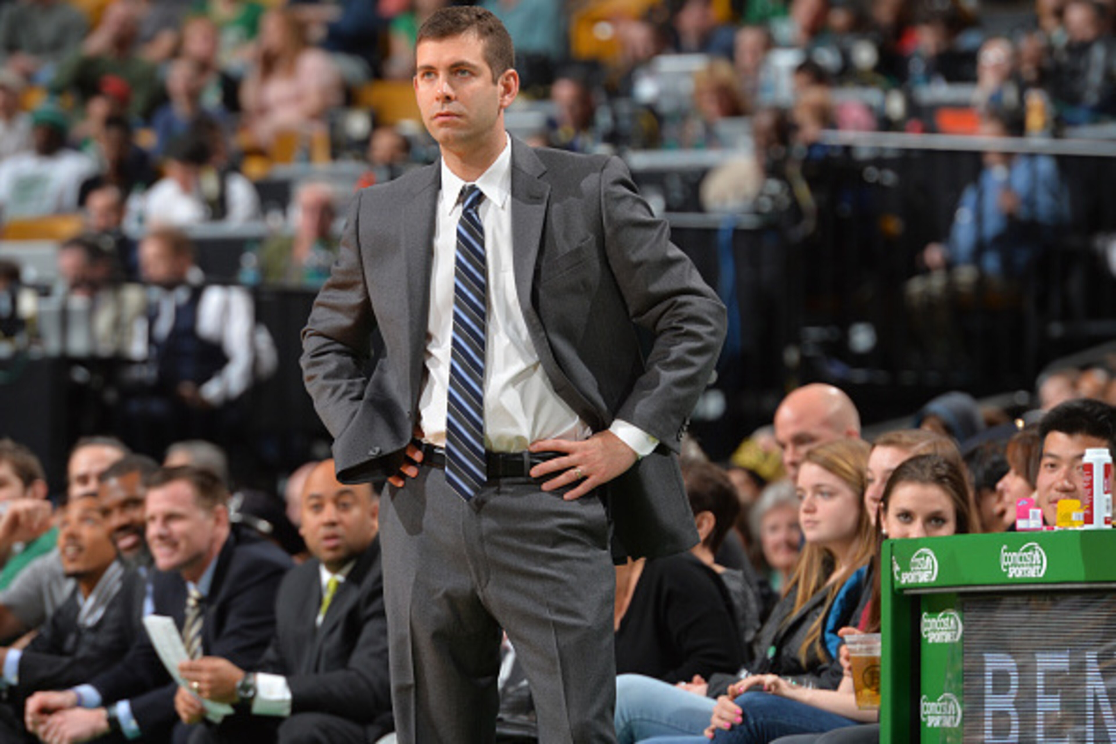 BOSTON, MA  - APRIL 12: Head Coach Brad Stevens of the Boston Celtics looks on against the Cleveland Cavilers at the TD Garden on April 12, 2015 in Boston, Massachusetts.NOTE TO USER: User expressly acknowledges and agrees that, by downloading and/or usin