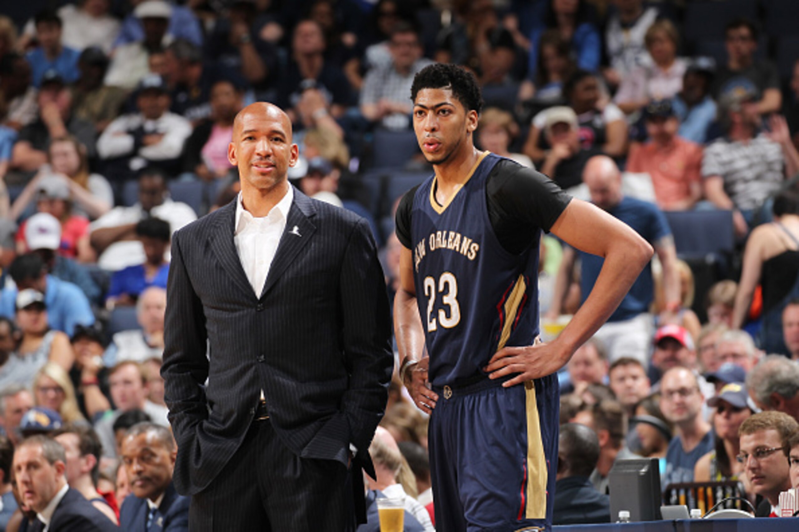 MEMPHIS, TN - APRIL 8: Head coach, Monty Williams of the New Orleans Pelicans and Anthony Davis #23 during the game against the Memphis Grizzlies on April 8, 2015 at FedExForum in Memphis, Tennessee. NOTE TO USER: User expressly acknowledges and agrees th