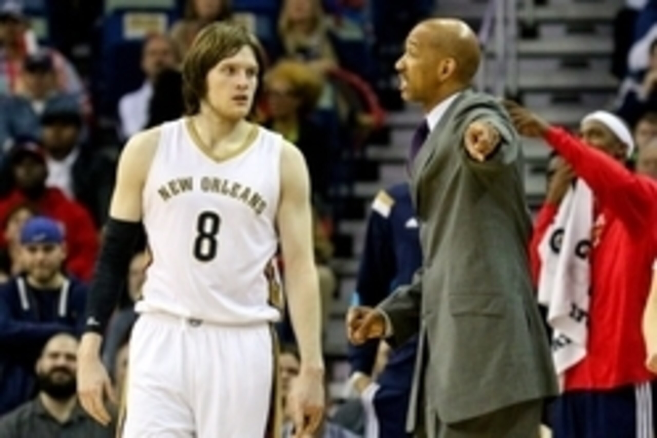 Feb 23, 2015; New Orleans, LA, USA;  New Orleans Pelicans head coach Monty Williams talks to forward Luke Babbitt (8) during the second half of a game against the Toronto Raptors at the Smoothie King Center. The Pelicans defeated the Raptors 100-97. Manda