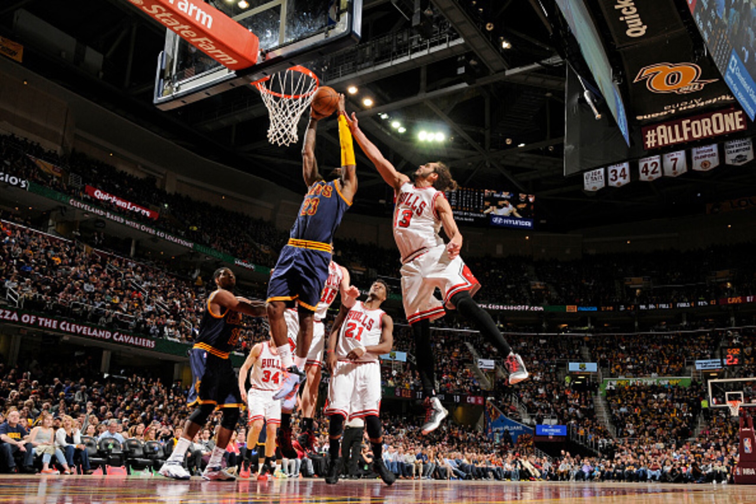 CLEVELAND, OH - APRIL 5:  LeBron James #23 of the Cleveland Cavaliers goes up for a dunk against the Chicago Bulls on April 5, 2015 at Quicken Loans Arena in Cleveland, Ohio. NOTE TO USER: User expressly acknowledges and agrees that, by downloading and/or