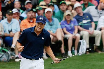AUGUSTA, GA - APRIL 12:  Jordan Spieth of the United States reacts to a par-saving putt on the 16th green during the final round of the 2015 Masters Tournament at Augusta National Golf Club on April 12, 2015 in Augusta, Georgia.  (Photo by Andrew Redingto