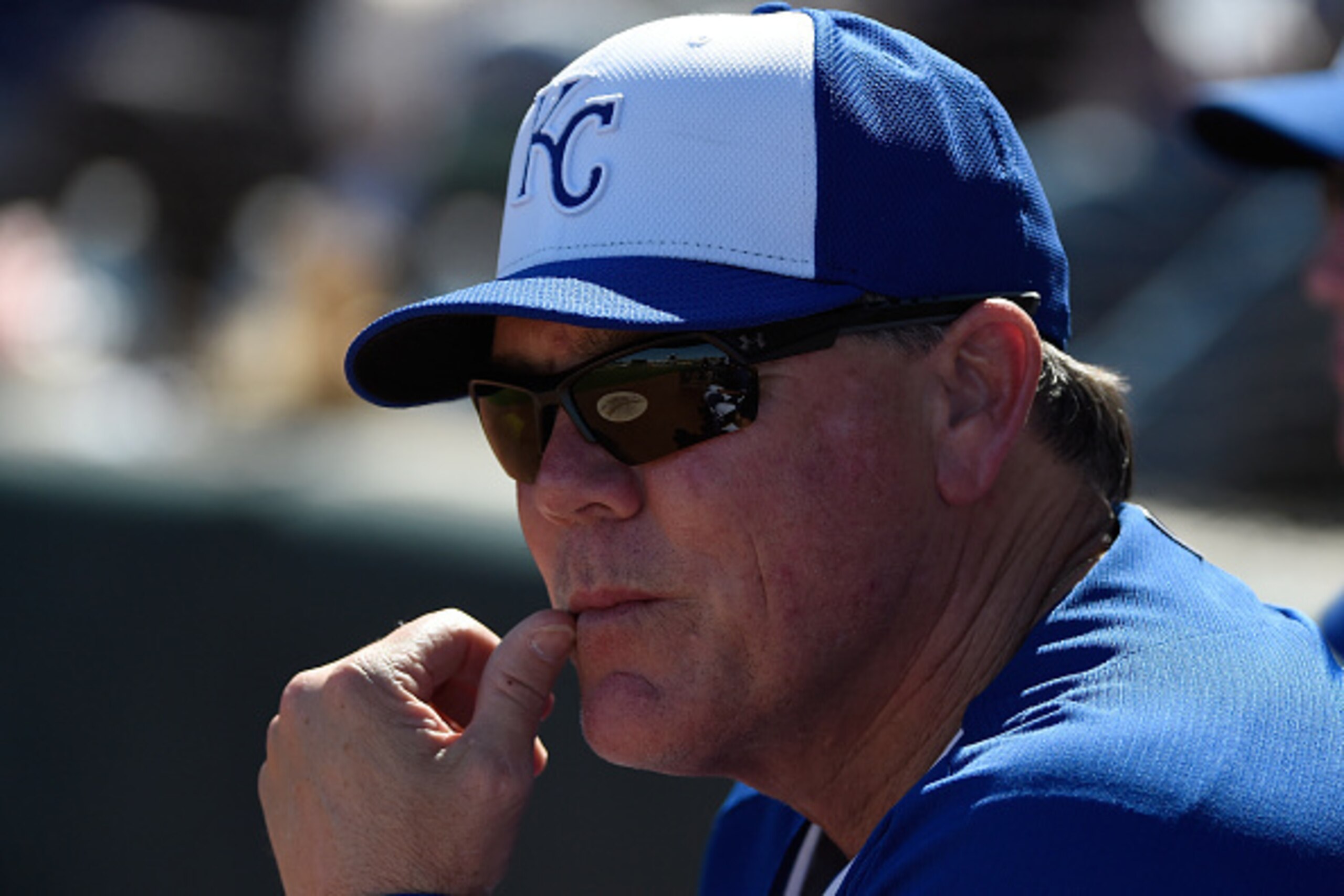 SURPRISE, AZ - MARCH 05:  Manager Ned Yost of the Kansas City Royals looks on during the game against the Texas Rangers at Surprise Stadium on March 5, 2015 in Surprise, Arizona.  (Photo by Lisa Blumenfeld/Getty Images)