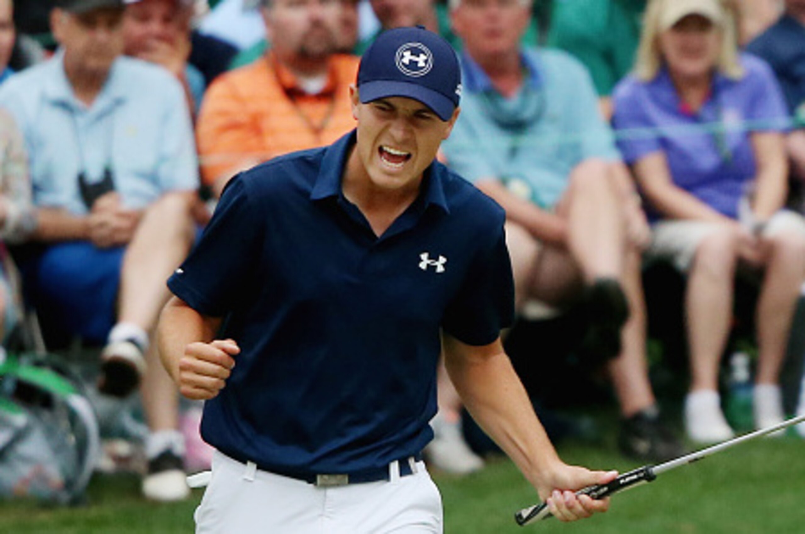 AUGUSTA, GA - APRIL 12:  Jordan Spieth of the United States reacts to a par-saving putt on the 16th green during the final round of the 2015 Masters Tournament at Augusta National Golf Club on April 12, 2015 in Augusta, Georgia.  (Photo by Andrew Redingto